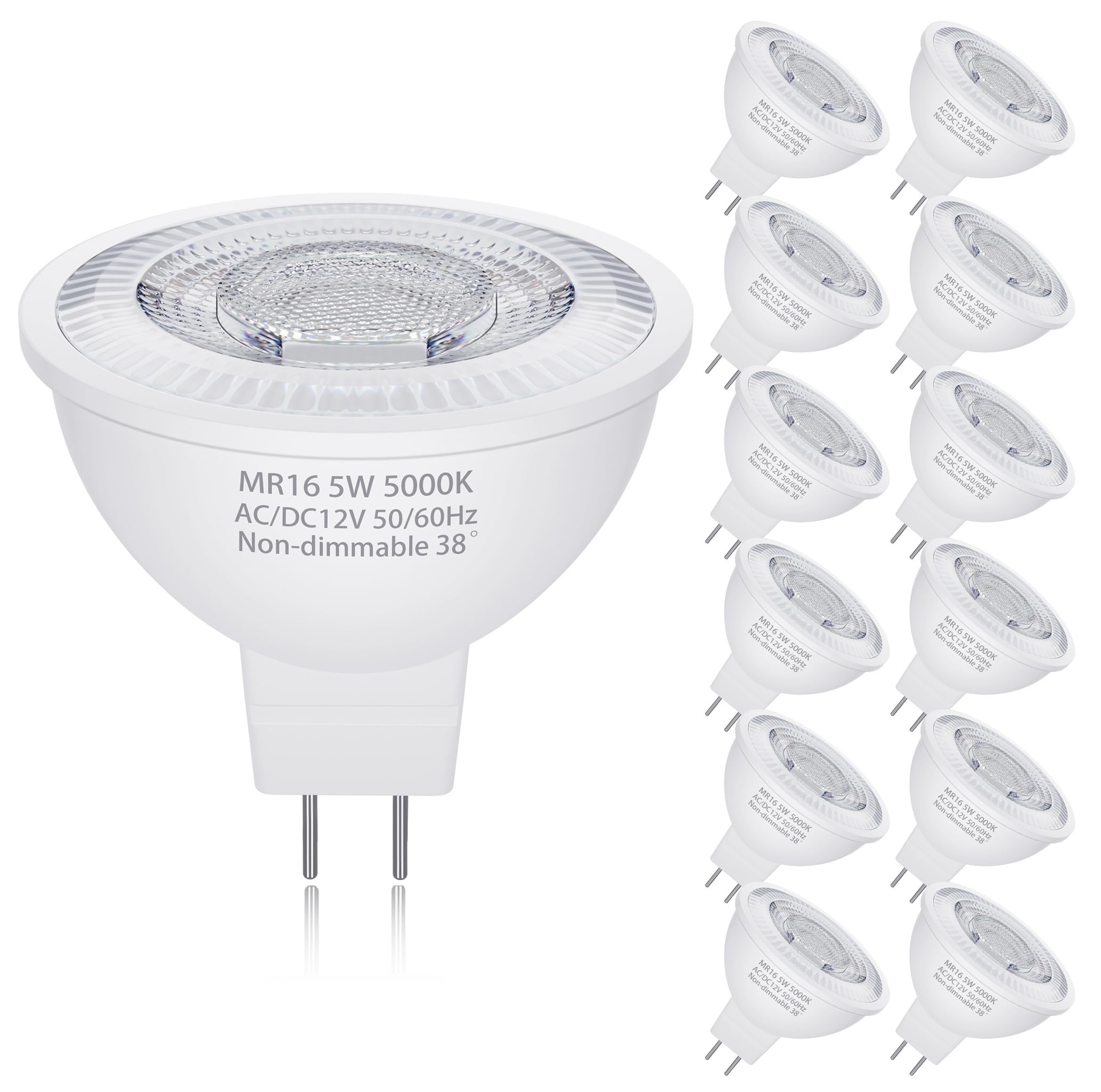 Qqlxst Mr16 Led Bulbs 50W Halogen Equivalent  5000K Daylight White  5W Mr16 Gu5.3 Bi-Pin Base 12V Low Voltage Spotlight Bulb For Landscape Spotlight Track Recessed Lighting  Non-Dimmable  12-Pack