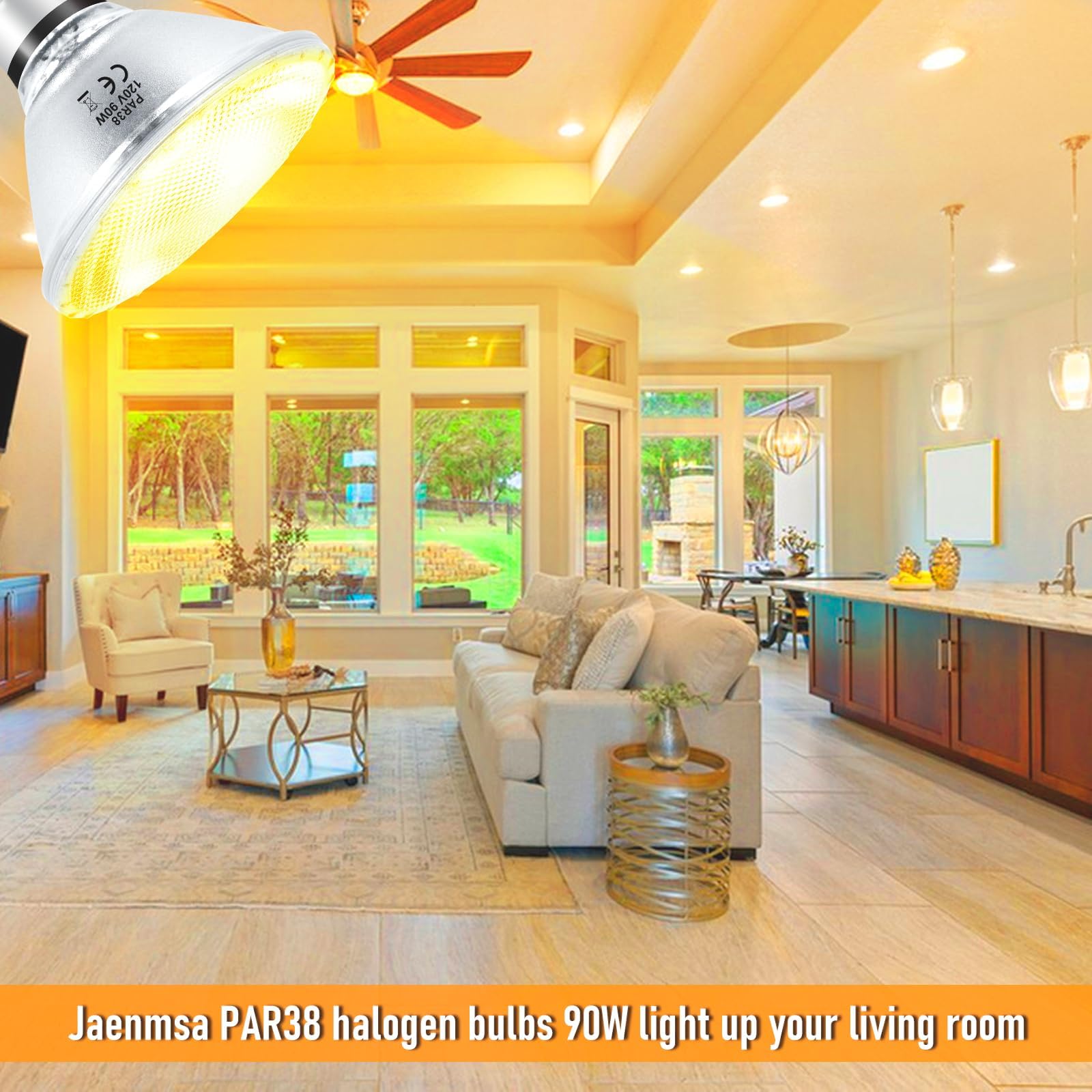 Jaenmsa PAR38 Halogen Flood Light Bulbs, 90W Dimmable, 4-Pack, 2700K Warm White, E26 Base, 4050 Lumens