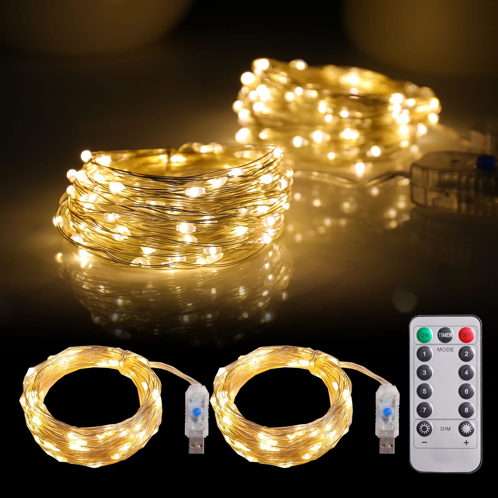 mandiq 2 Pack Fairy Lights 100 LED 33 FT Christmas Lights USB Powered Silver Wire String Lights, Mini Lights with Remote Control