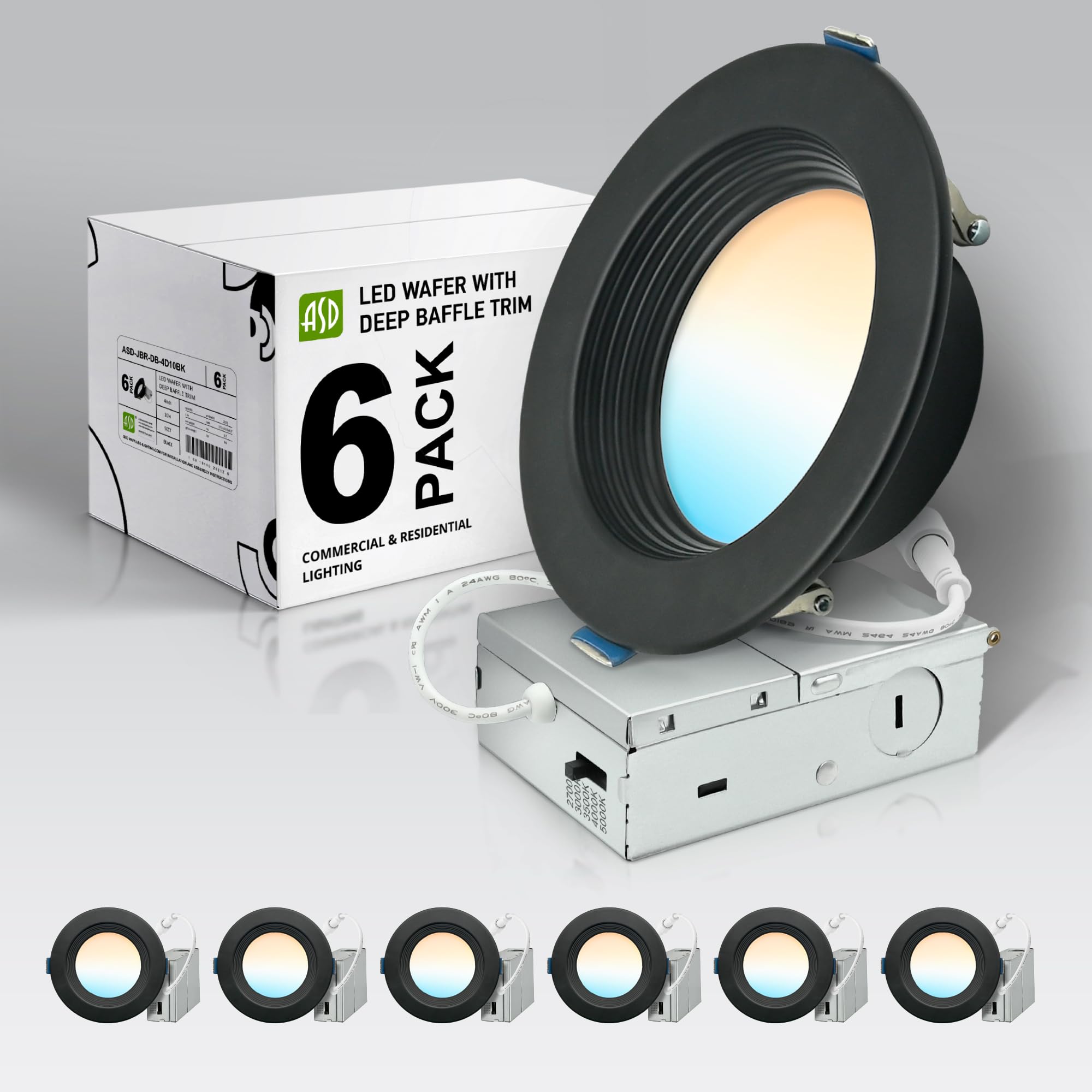ASD 6 Pack Deep Regressed Baffle Trim Recessed Light, LED Wafer Lights 4 Inch 10W 889LM, 5CCT 2700K-5000K CRI90+, Dimmable Downl