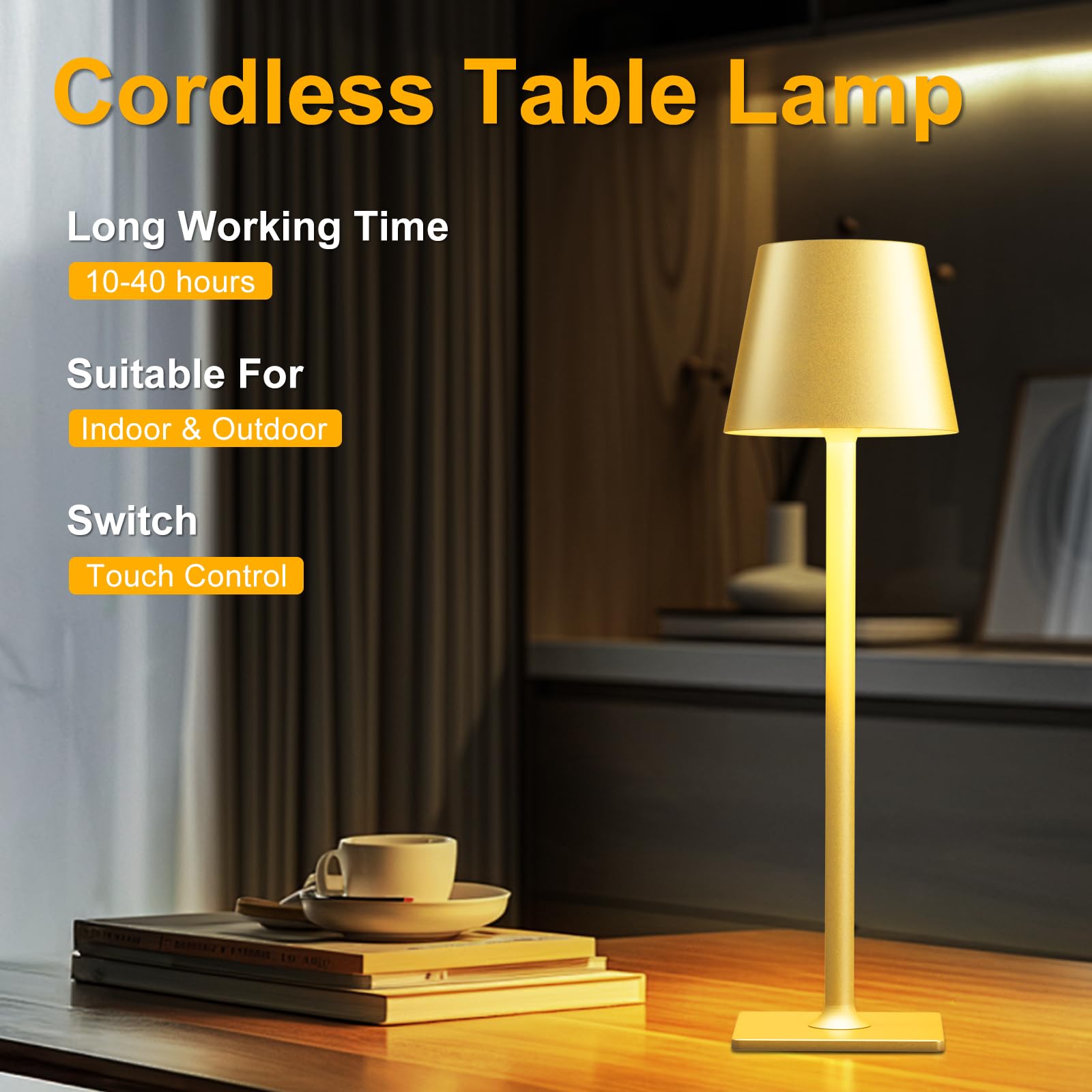 FenFud Gold Cordless Table Lamp - 2 Pack, 6000mAh Battery, Waterproof, Touch Control, 3 Color Dimming, Indoor/Outdoor Use