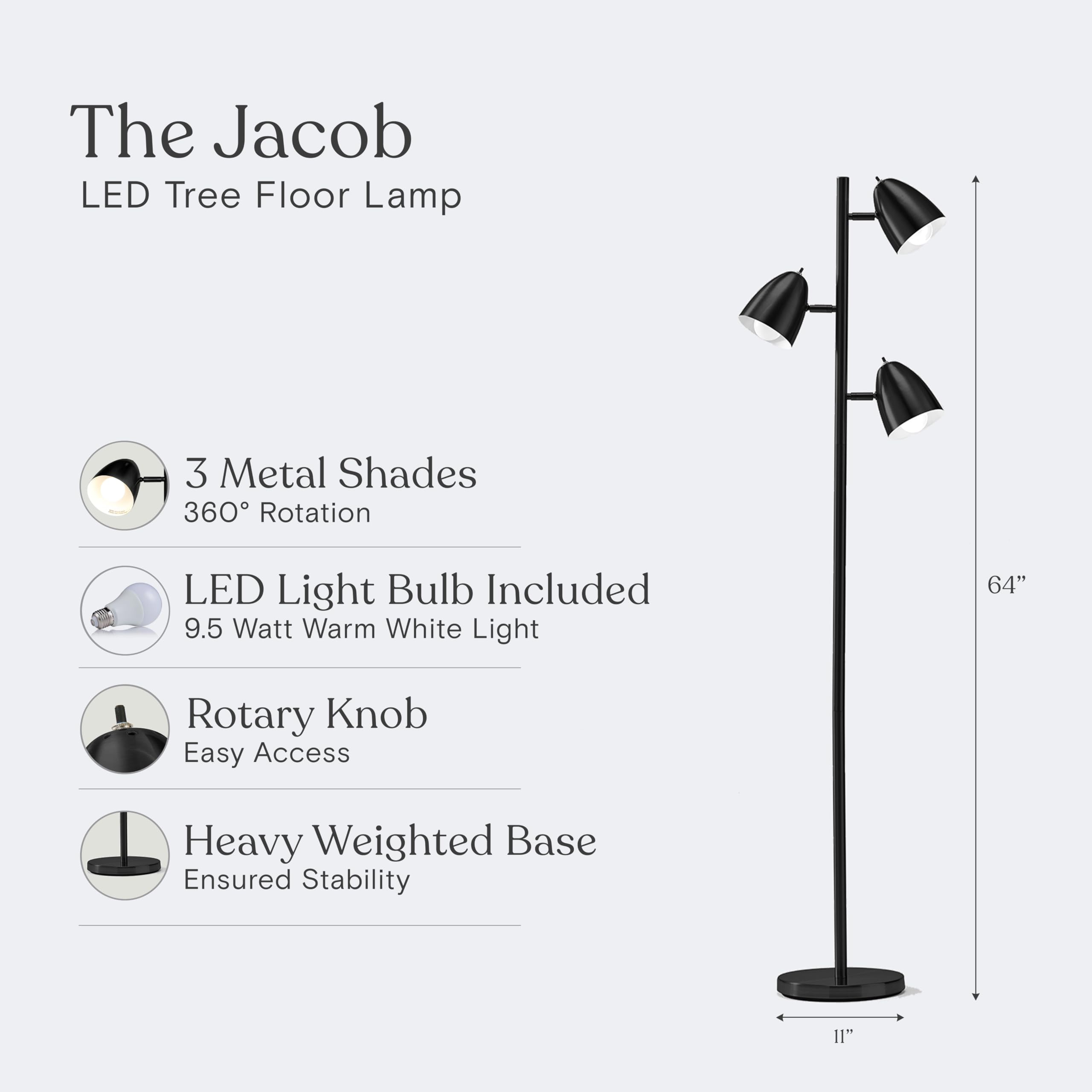 Brightech Jacob LED Floor Lamp, Adjustable 3-Light Tree, Modern Design, Black, Model XF-STB2-ONL3