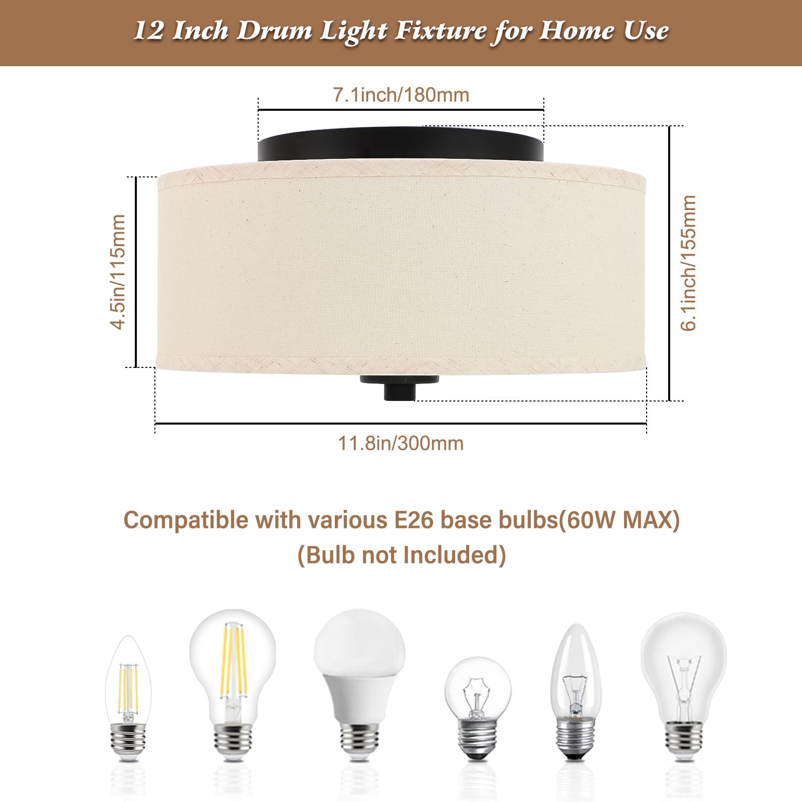 Lodstob 2-Light Flush Mount Ceiling Light Fixture, 12    Modern Close To Ceiling Light With Beige Fabric Drum Shade, Round Penda
