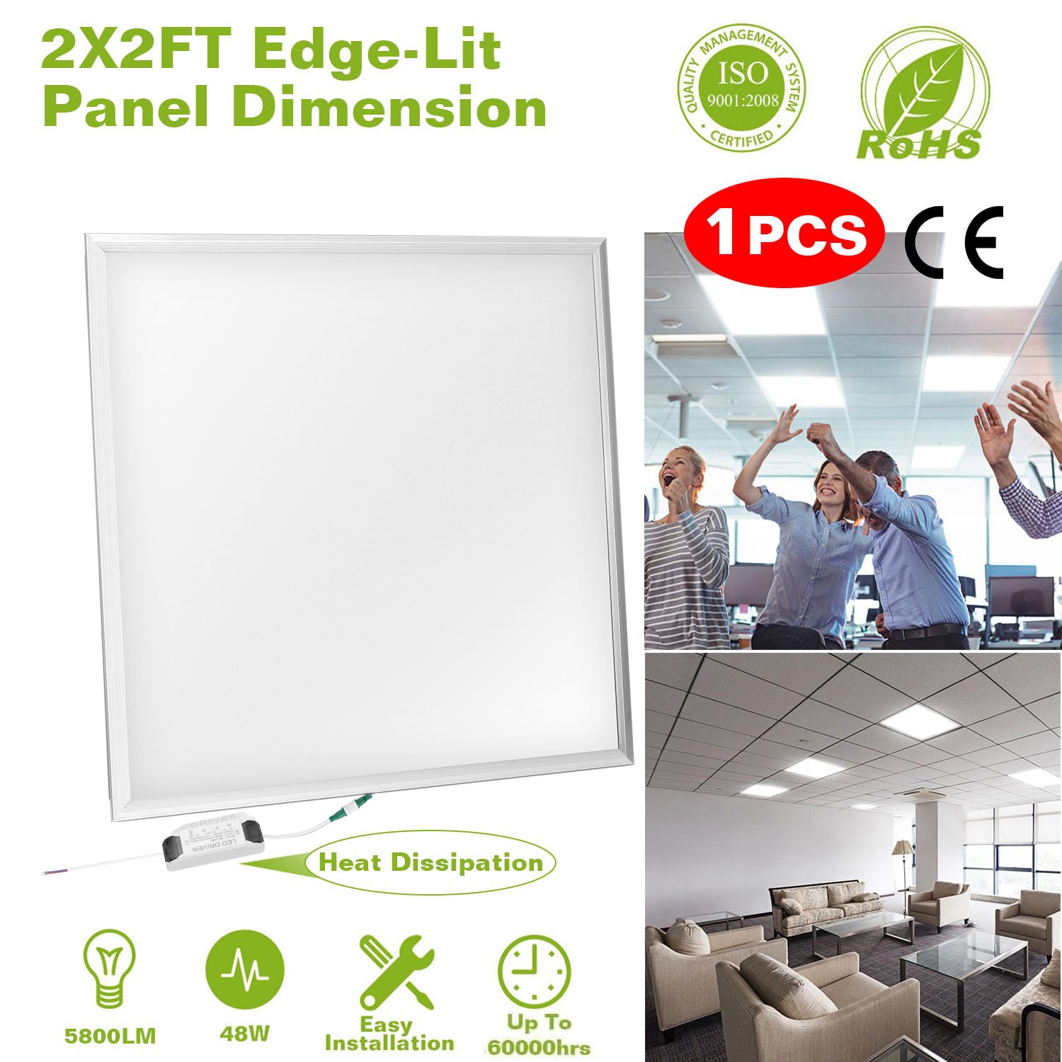 TeqHome LED Flat Panel Light 2x2 ft, 48W, 5800LM, 7500K, Aluminum, White, Model LP-2022, 1 Pack