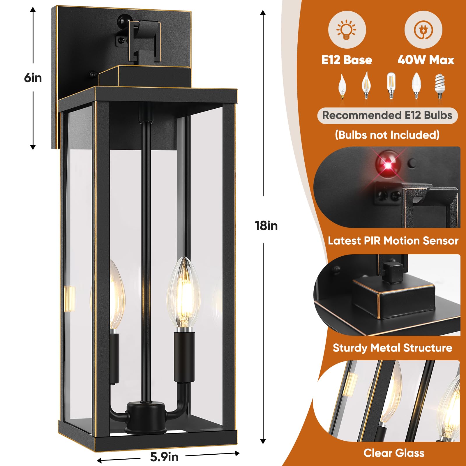 BesLowe 18” Motion Sensor Outdoor Wall Lights, Dusk to Dawn, Bronze, Metal, Model A927L, 2-Pack