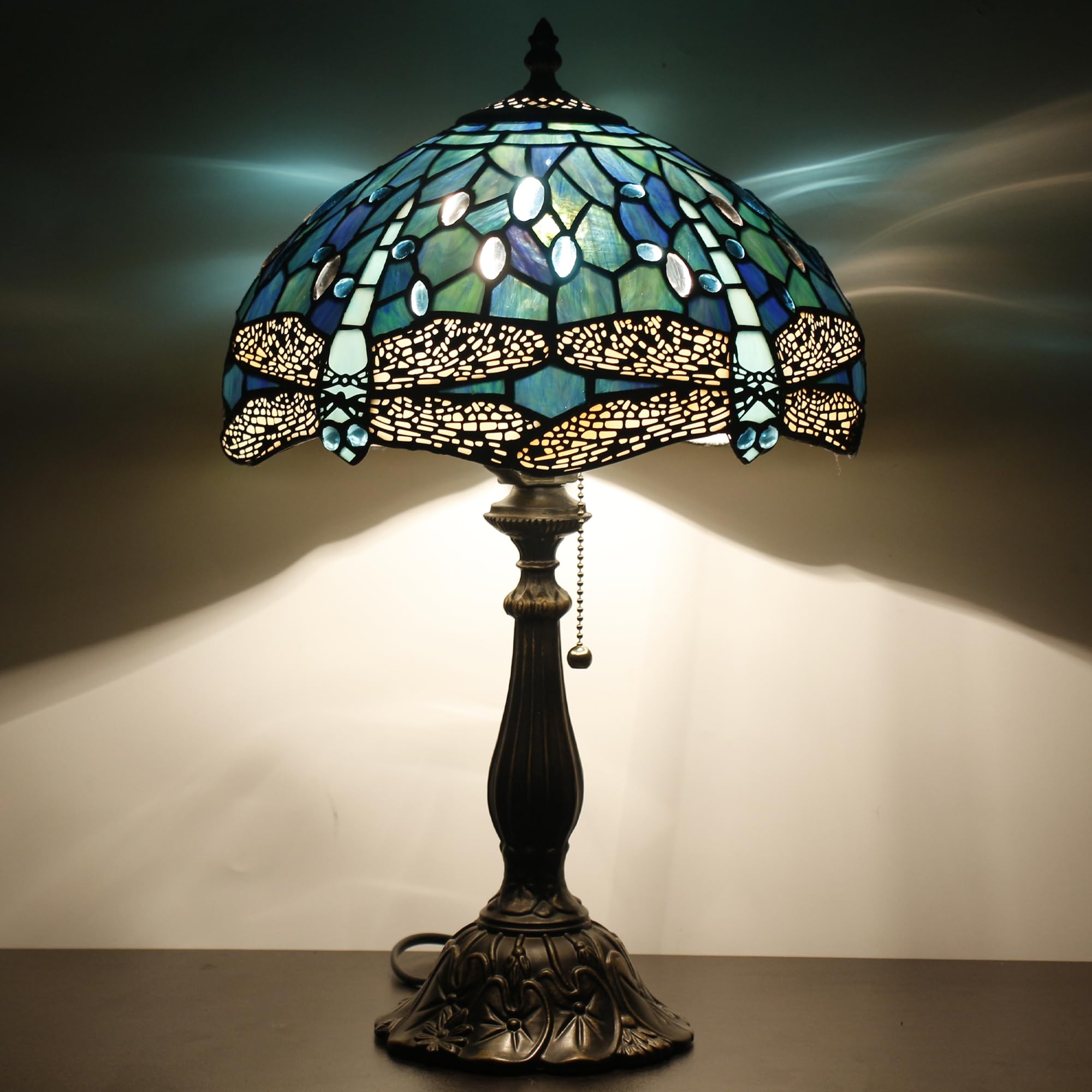 ZJART Tiffany Table Lamp Stained Glass Lamp 12X12X19 Inch Antique Reading Light (Blue Dragonfly)