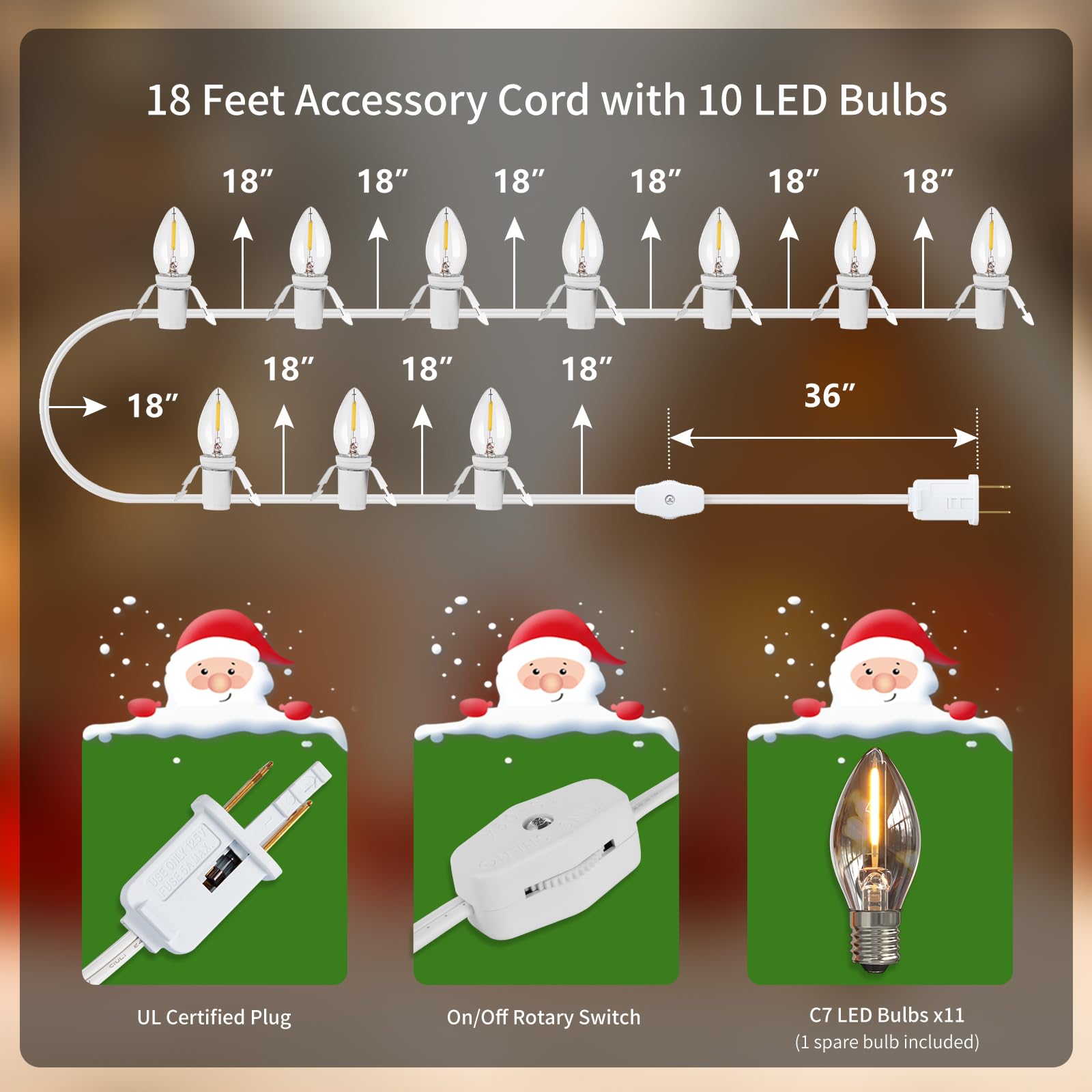 Suraielec 18Ft Accessory Cord With 10 Led Light Bulbs, Christmas Village Lights With Switch, C7 Light Cord For Holiday Decorations, Craft Projects, Blow Light Replacement, Ul Listed