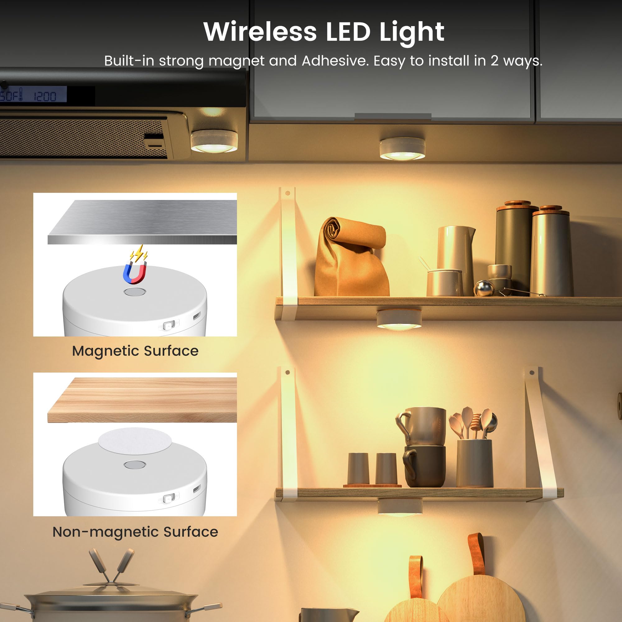Onumii Puck Lights - Remote Rechargeable Under Cabinet Lighting, 1200mAh, Magnetic, 6 Pack, White, Model T048E
