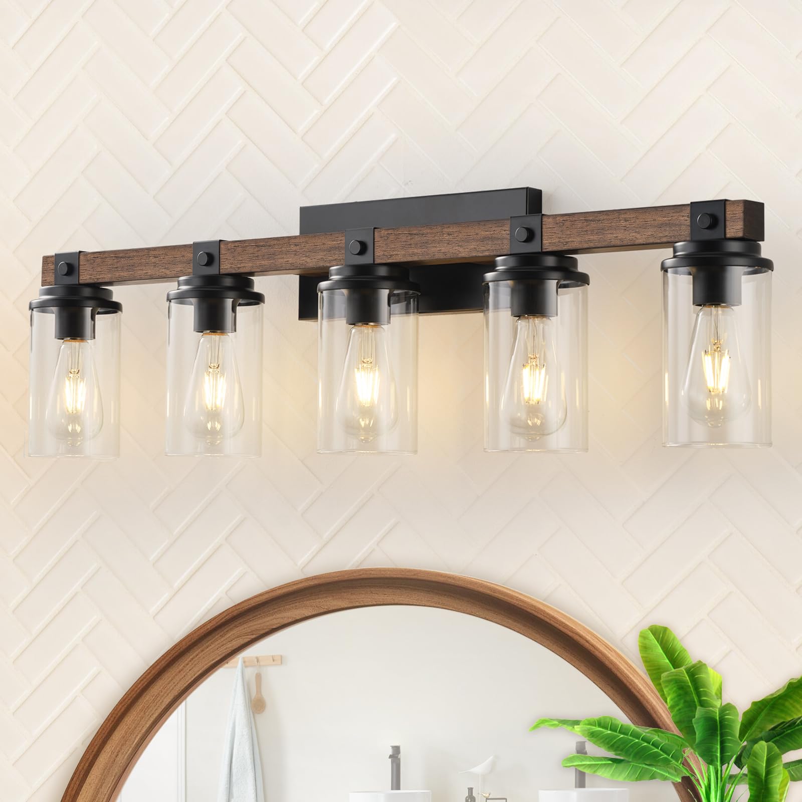 Goyeel 5-Light Farmhouse Bathroom Vanity Lighting - Wooden Wall Fixture With Clear Glass