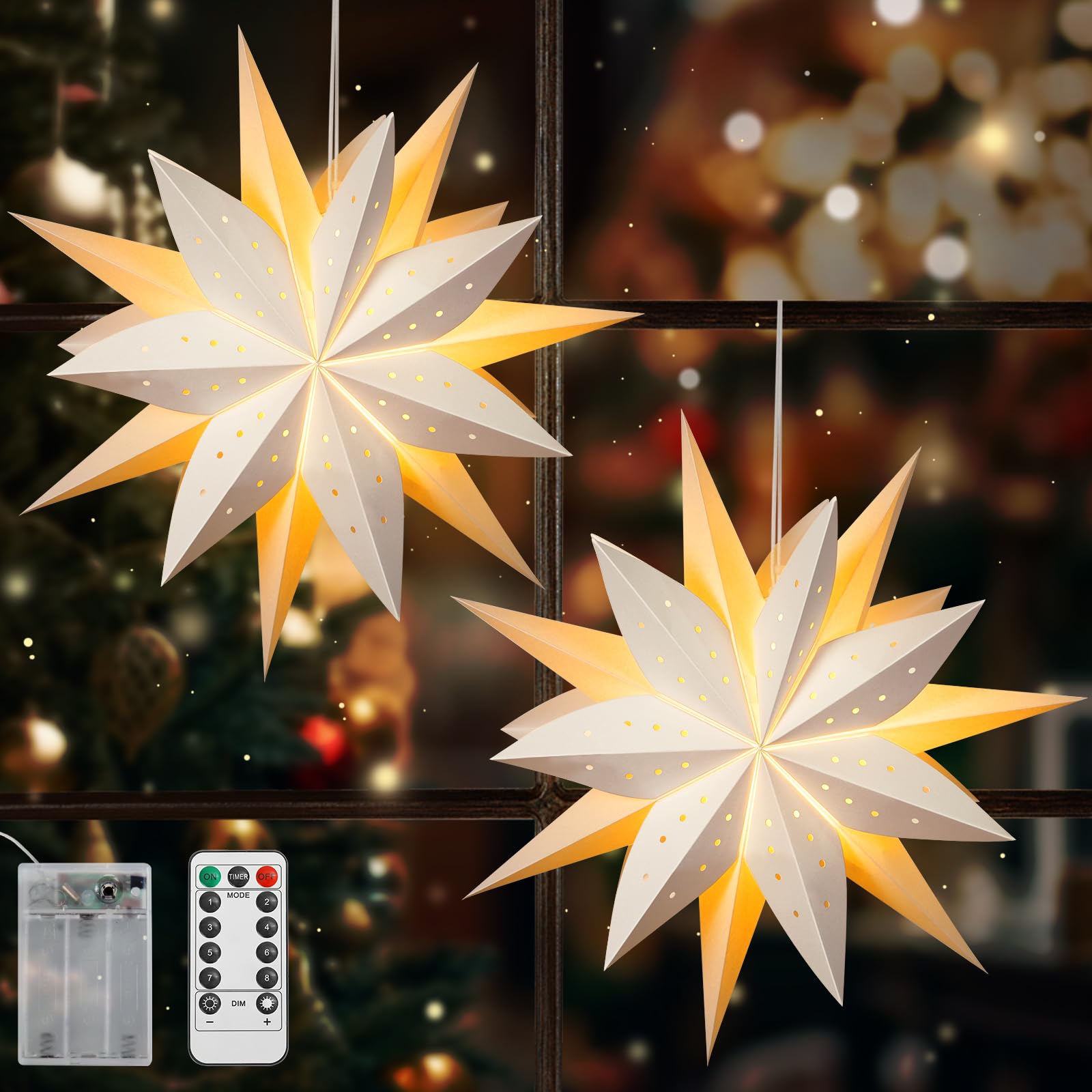 Lewondr Christmas Paper Star Lantern 2Pack, Hanging Star Light with 4 Levels Dimming & 8 Lighting Modes & 6 Hour Timer Function,