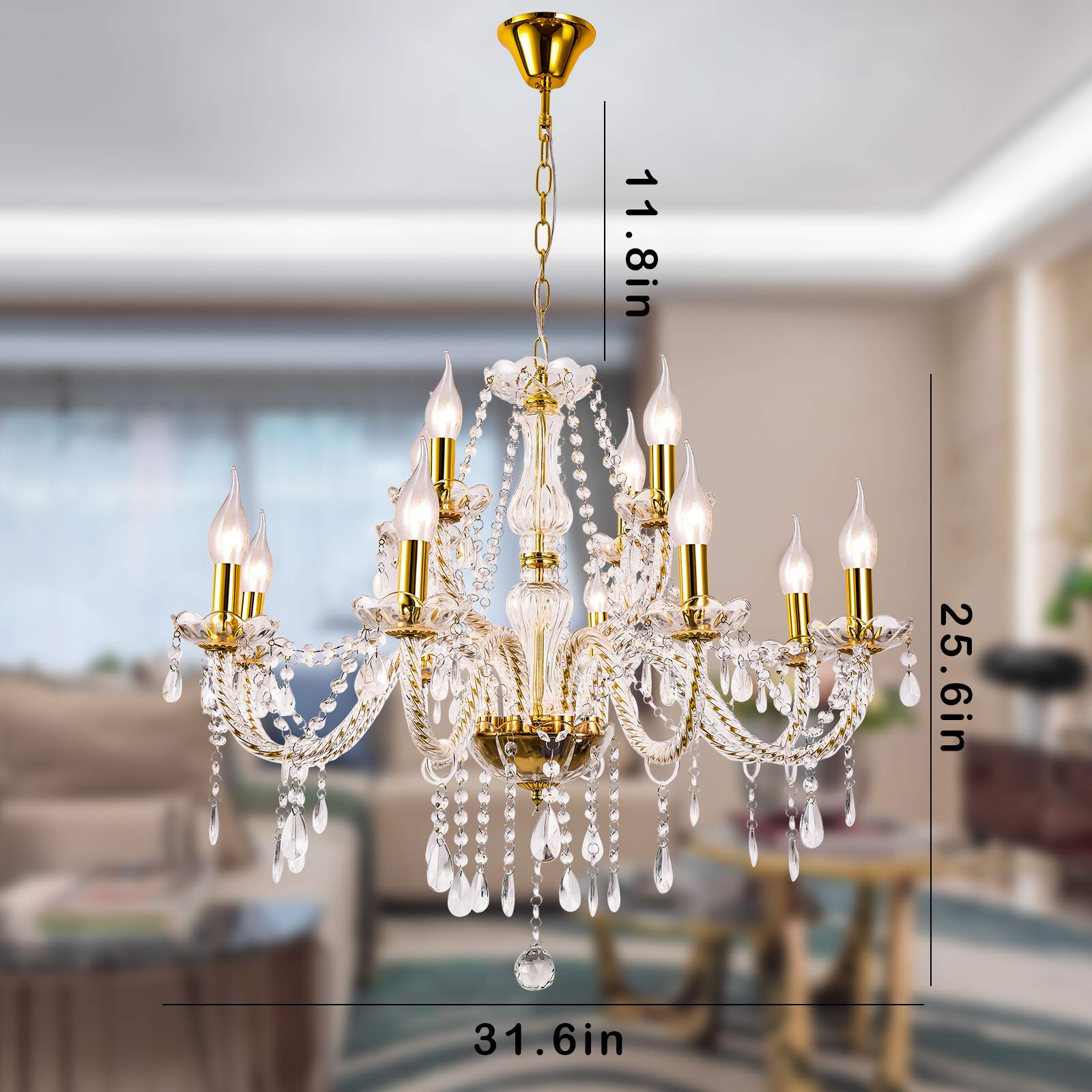 Panghuhu88 Crystal Gold Candle Chandeliers Lighting 12 Lights Pendant Ceiling Fixture Lamp For Dining Living Room Bedroom Hallwa