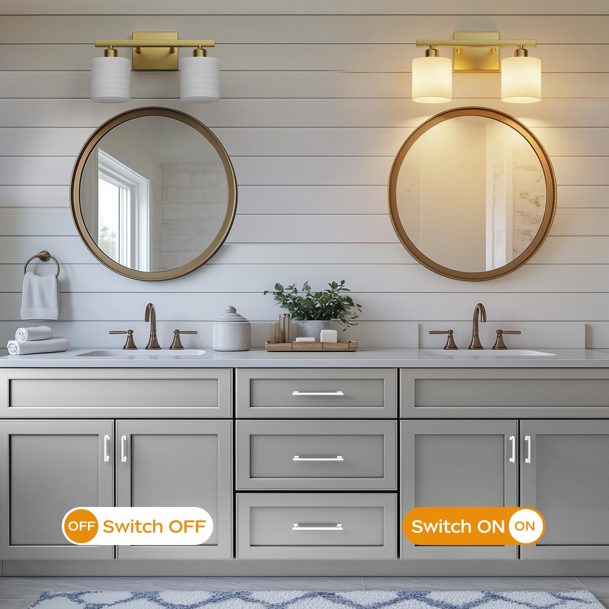 PARTPHONER Classic Vanity Light, 2-Light, Textured White Glass Shade, Brushed Gold, Model PAWL200AJ1