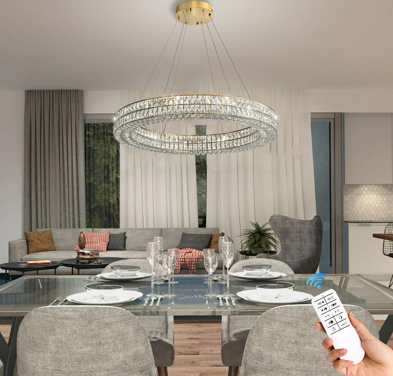 IDEQUY 24" Gold Ring Crystal Chandelier, Modern Dimmable LED Ceiling Light Fixture for Dining Room, Stainless Steel and Crystal, Model CF8024-60J
