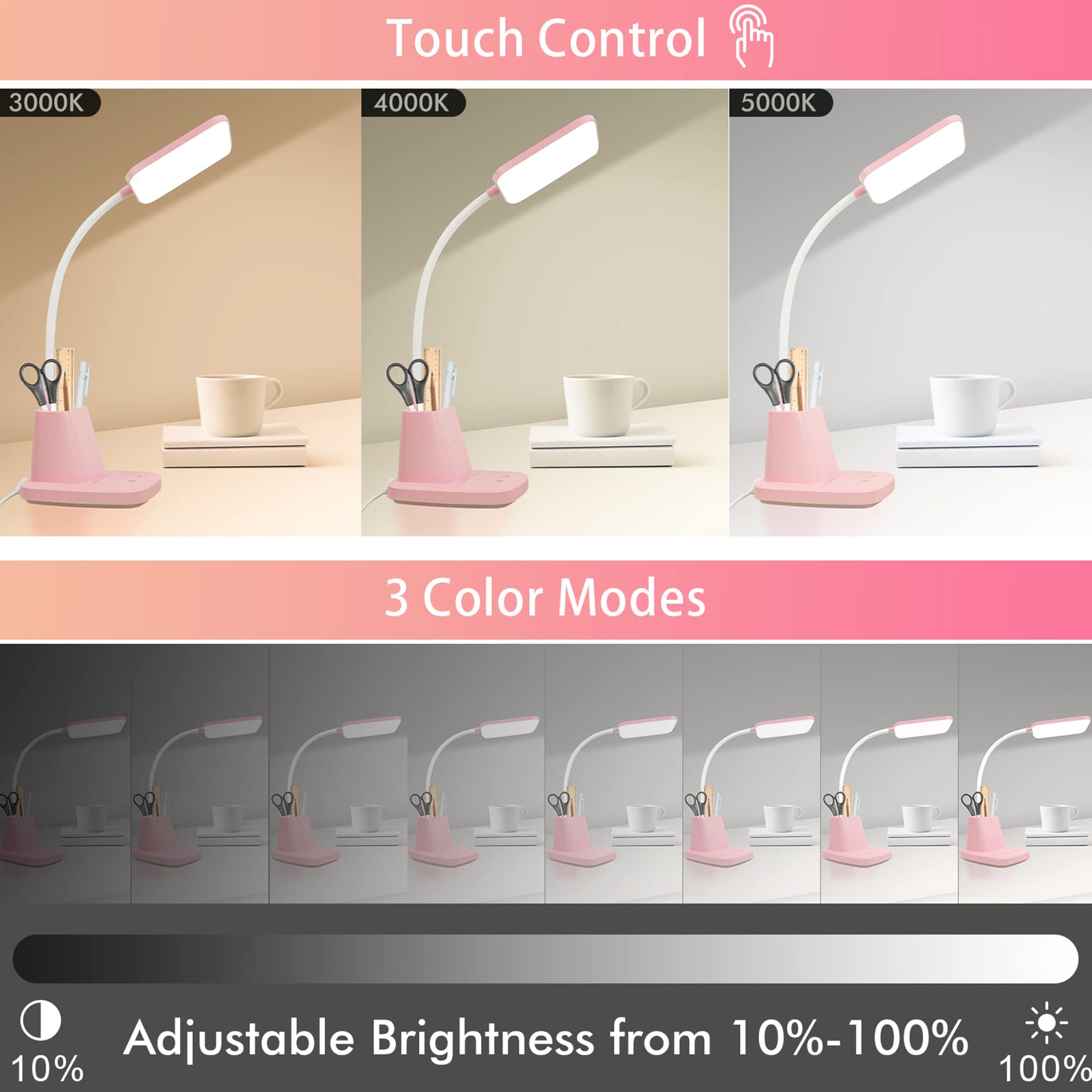 Sailstar Pink Desk Lamp with Wireless Charger, 800LM Dimmable Touch Gooseneck, Small Size for Home Office and Kids Rooms, Model SA-DL-PINK-FBA