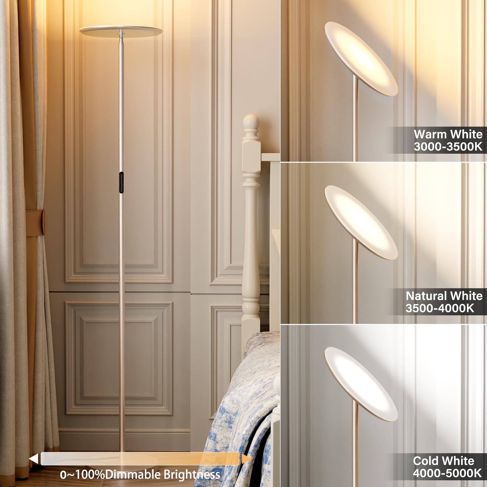 Preeotti Led Floor Lamp With Remote, 36W/3000-5000K,Touch Control, Fully Dimmable, Adjustable Brightness, 69 In, Sand Golden