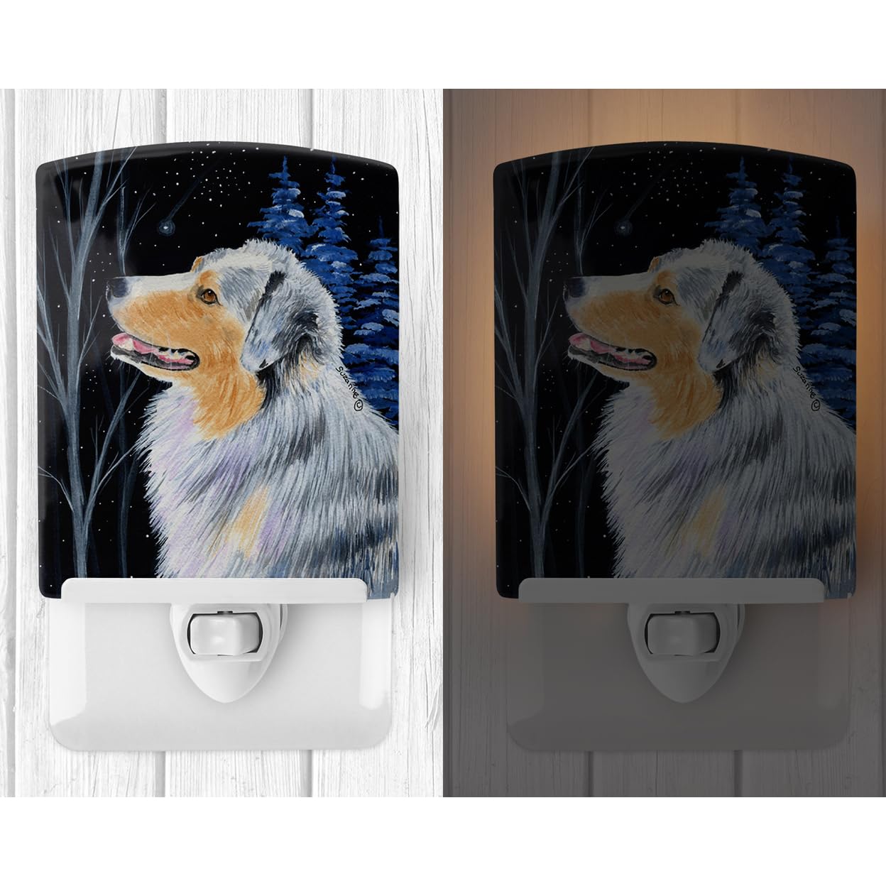 Caroline'S Treasures Ss8382Cnl Starry Night Australian Shepherd Ceramic Night Light Compact, Ul-Certified, Ideal For Bedroom, Bathroom, Nursery, Hallway, Kitchen, 6X4X3, Multicolor
