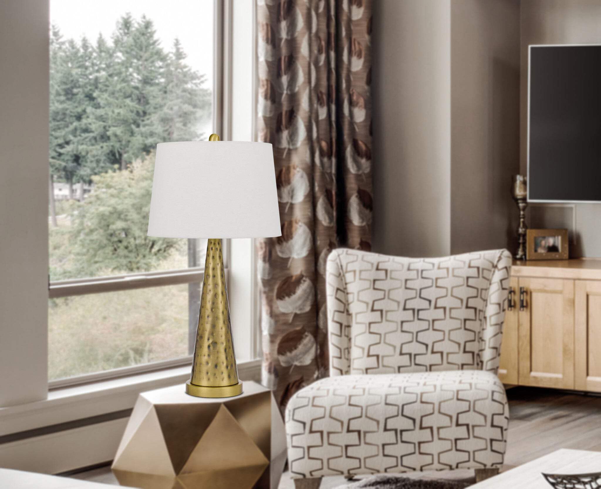 Homeroots Antiqued Brass Metal Table Lamp With White Shade, 27 In., Model 524728