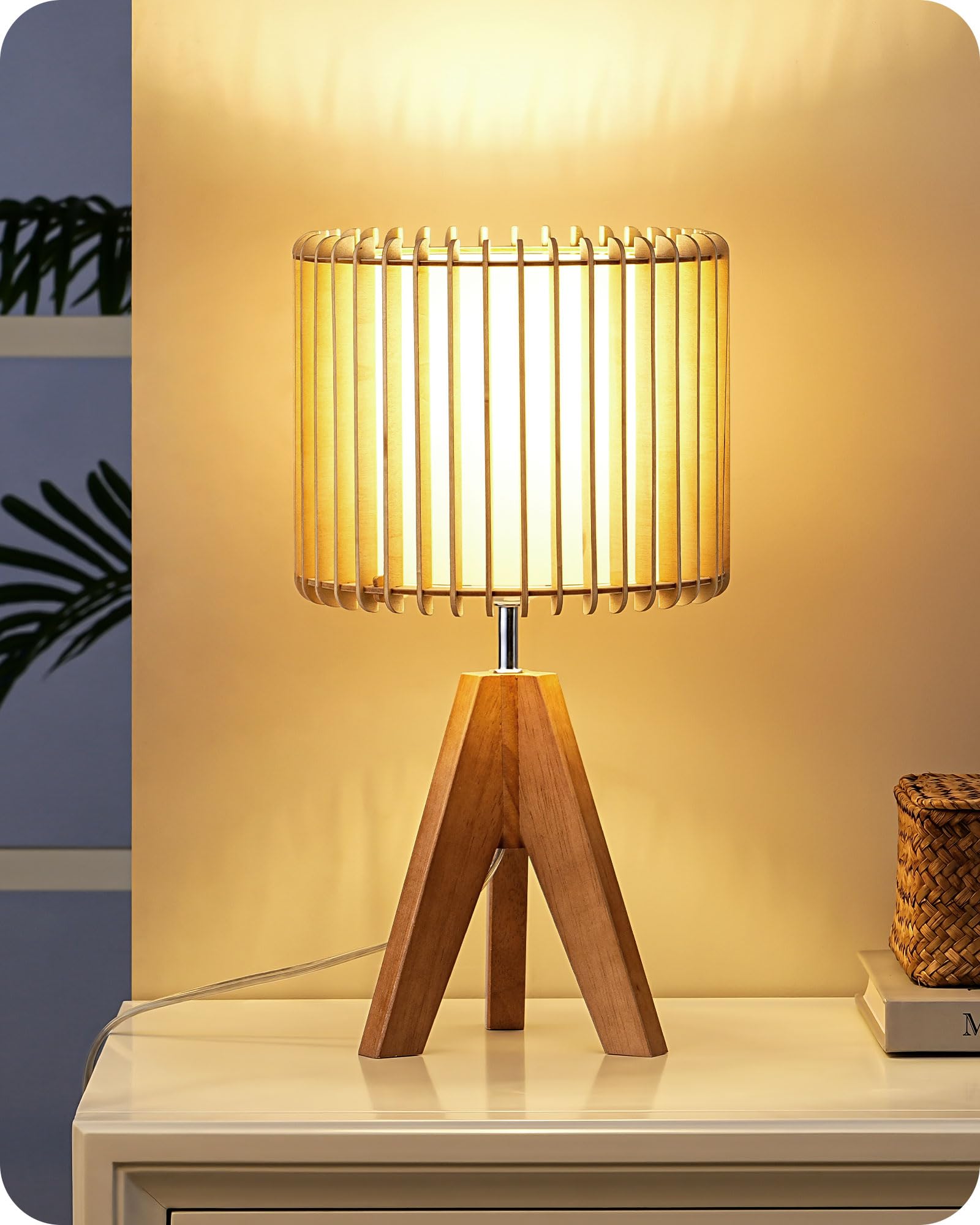 EDISHINE 14.17'' Small Table Lamp, Wood Tripod Bedside Lamp, Natural Wood-Colored Hollow & White PVC Shade, E26 Base, Boho Night