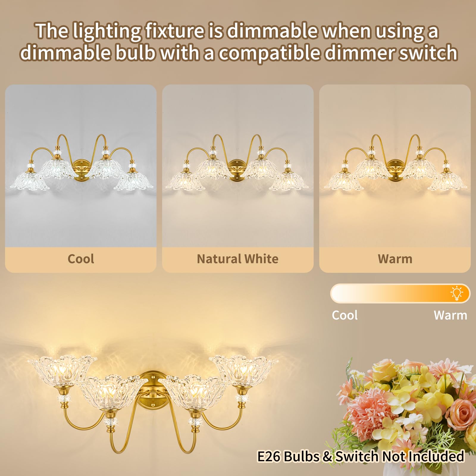 sunkryster 4-Light Gold Bathroom Vanity Light, Floral Glass Shades, Metal, Model Sun-104AB-4-Gold