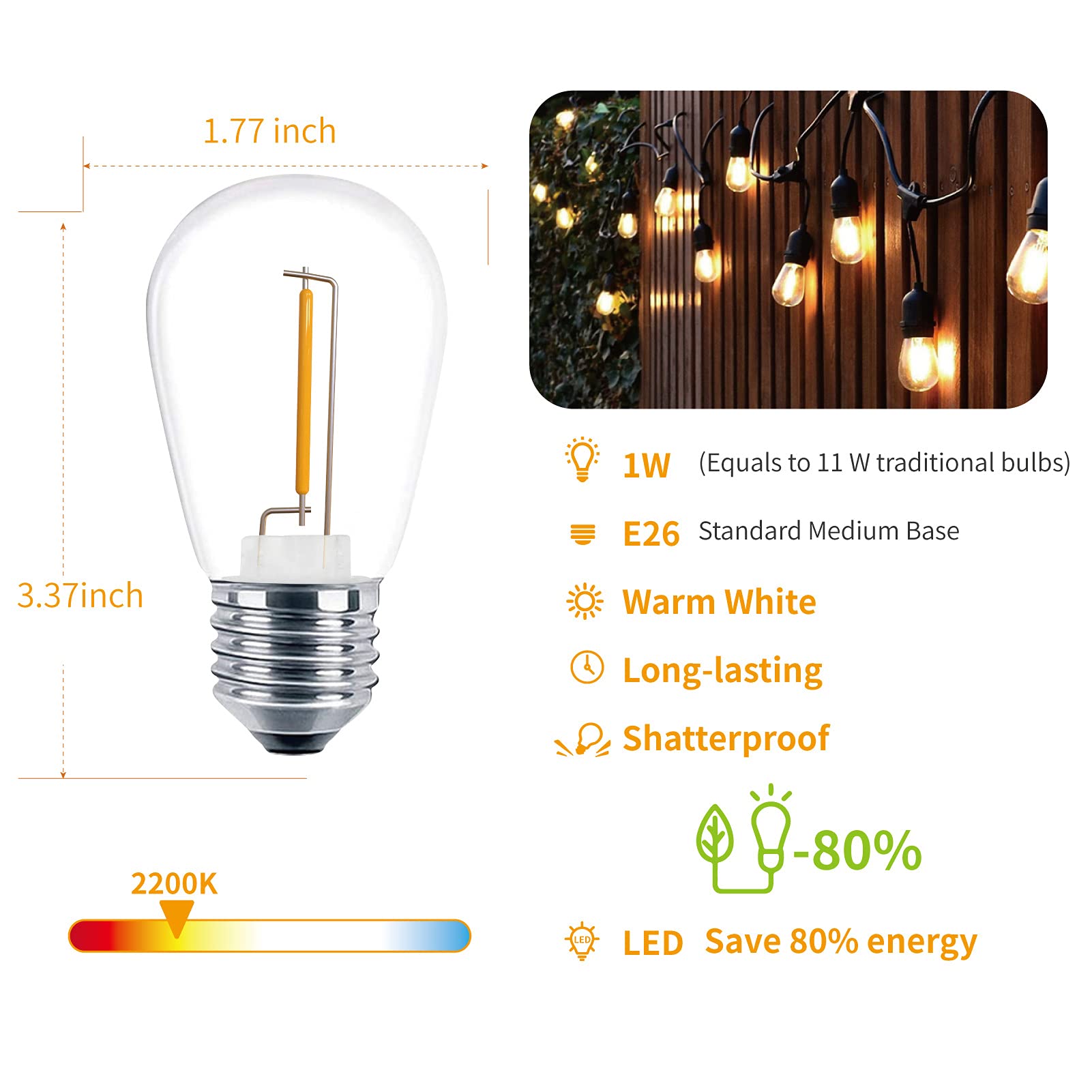 Visterlite S14 Led String Light Bulbs, Shatterproof Outdoor String Replacement Light Bulbs, 1 Watt Led Edison Bulbs Equal To 11W