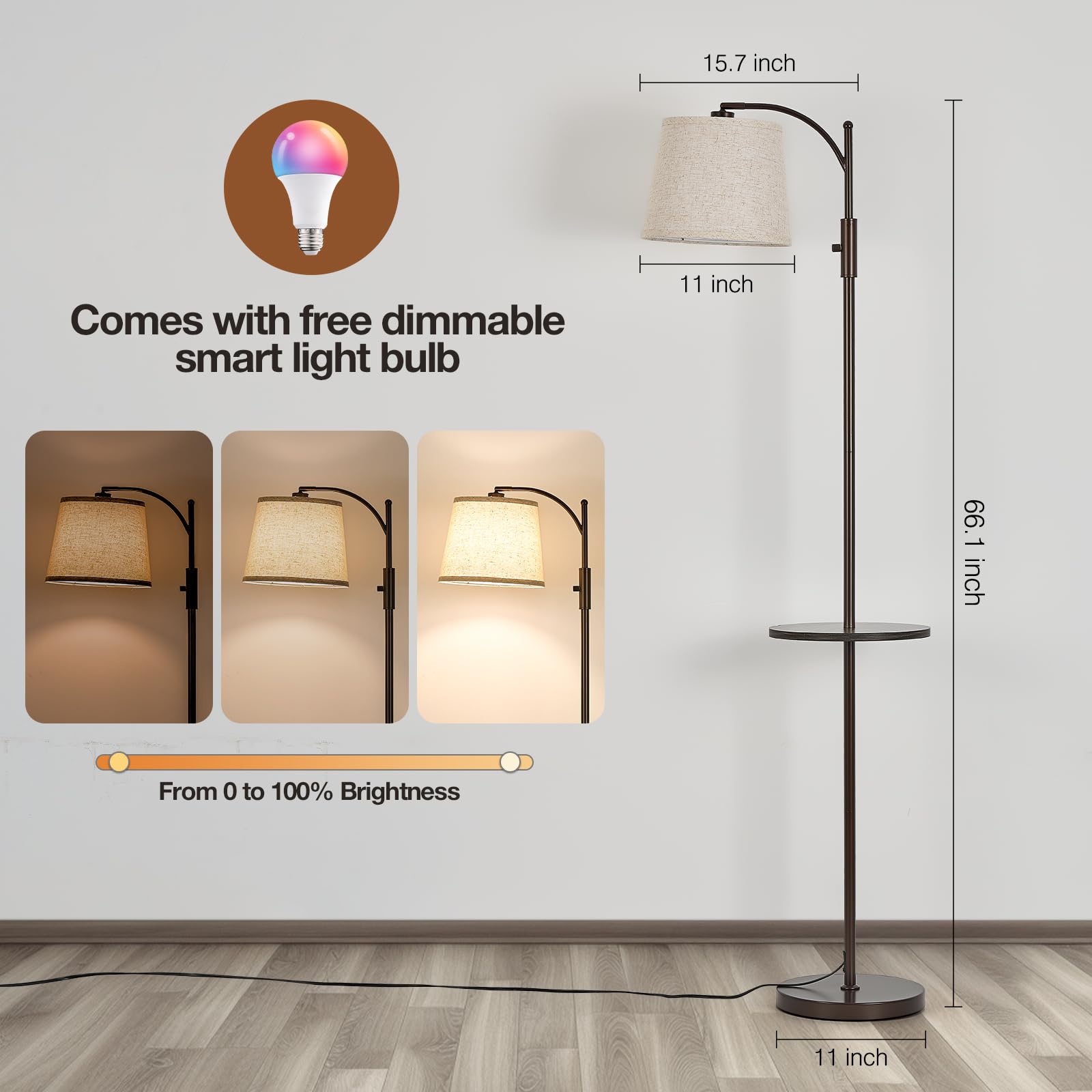 AIDENOEY Smart Floor Lamp with Side Table, RGB Multi-Color, Voice Control, Adjustable Head, Brown, Model HYZC0205