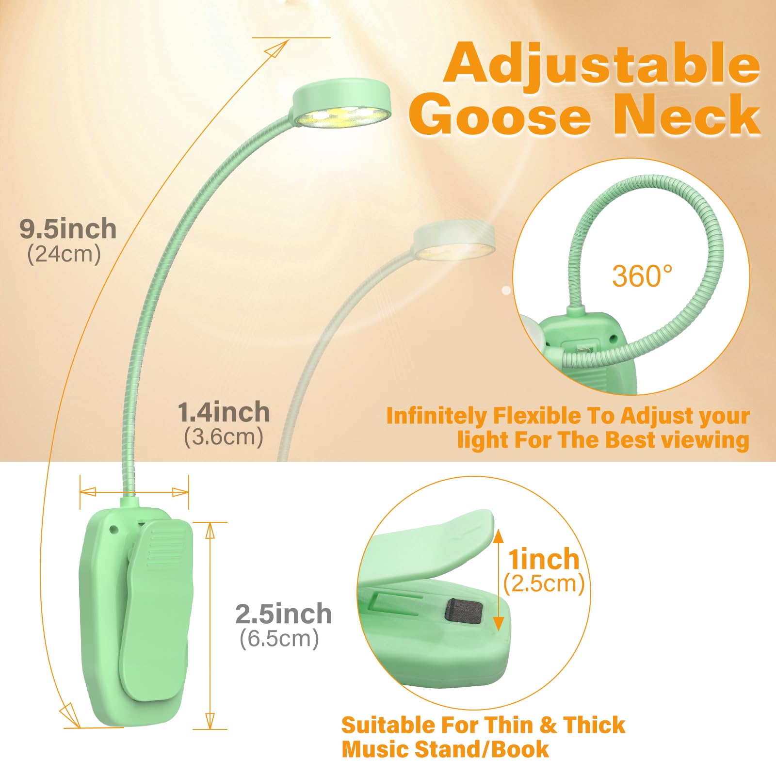 KTEBO Rechargeable Book Reading Light - Adjustable Brightness, 3 Color Temperatures, 30+ Hours Runtime, Black & Green, Model BHLBL-6