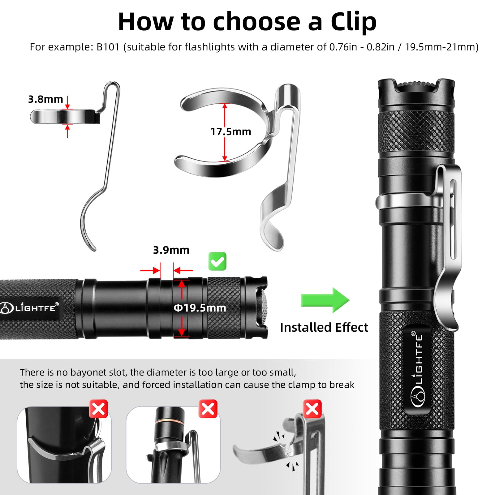 LIGHTFE Flashlight Clip B208, Stainless Steel, Fits 20-23mm Diameter, 5-5.4mm Slot Width, Versatile Hat, Pocket, or Bag Clip