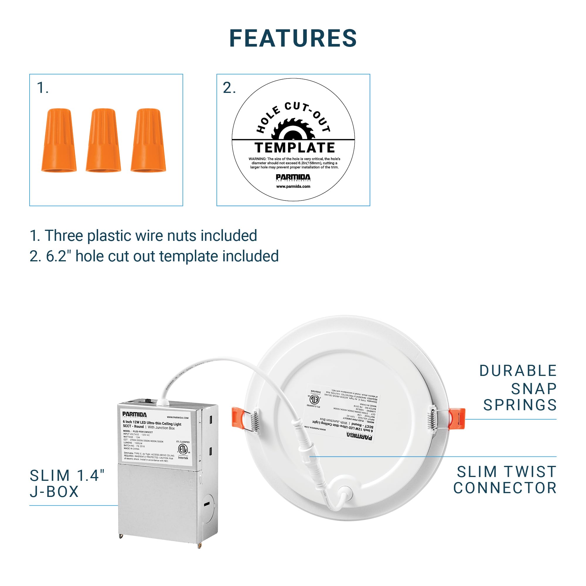 Parmida (12 Pack) 6 Inch Ultra-Thin Led Recessed Ceiling Light With Junction Box, 12W, Dimmable Canless Wafer Slim Panel Downlight, Ic Rated, Etl-Listed - 5000K