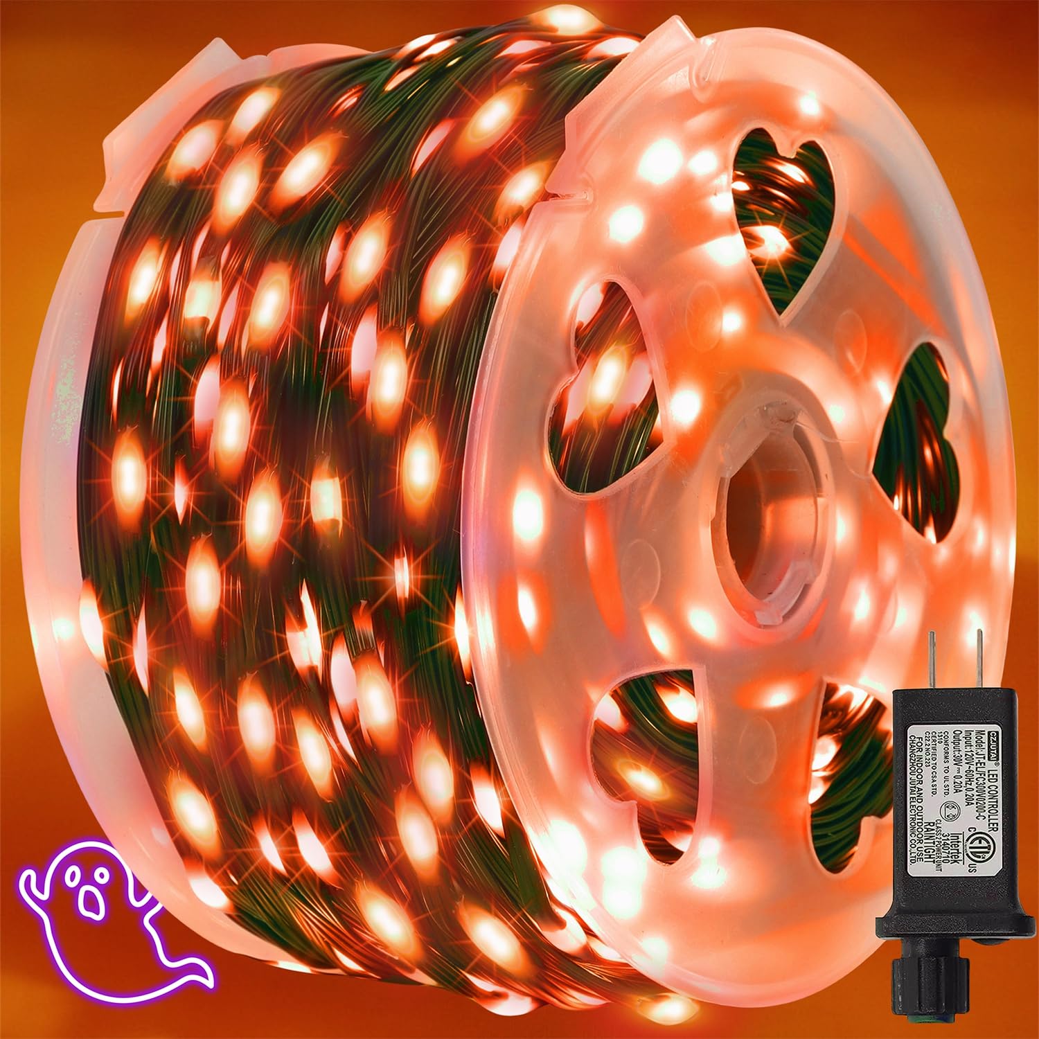 WATERGLIDE 1000 LED Outdoor Fairy String Lights, 328 FT, Orange PVC Copper Wire, 8 Modes, Waterproof, Model HBB-1000COI