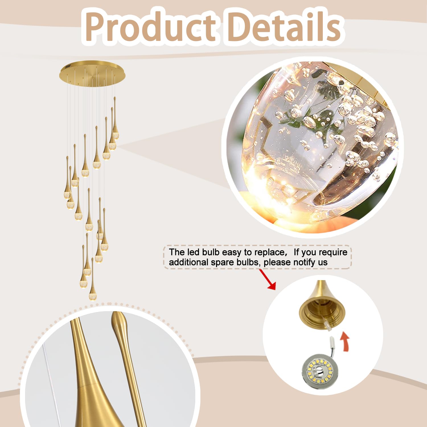 Ykolupty 120'' Long Spiral Crystal Chandeliers 16-Lights Gold Bubble Raindrop Crystal Pendant Chandelier Staircase Slanted Ceiling Loft Fixtures Led Dimmable 2700-6000K