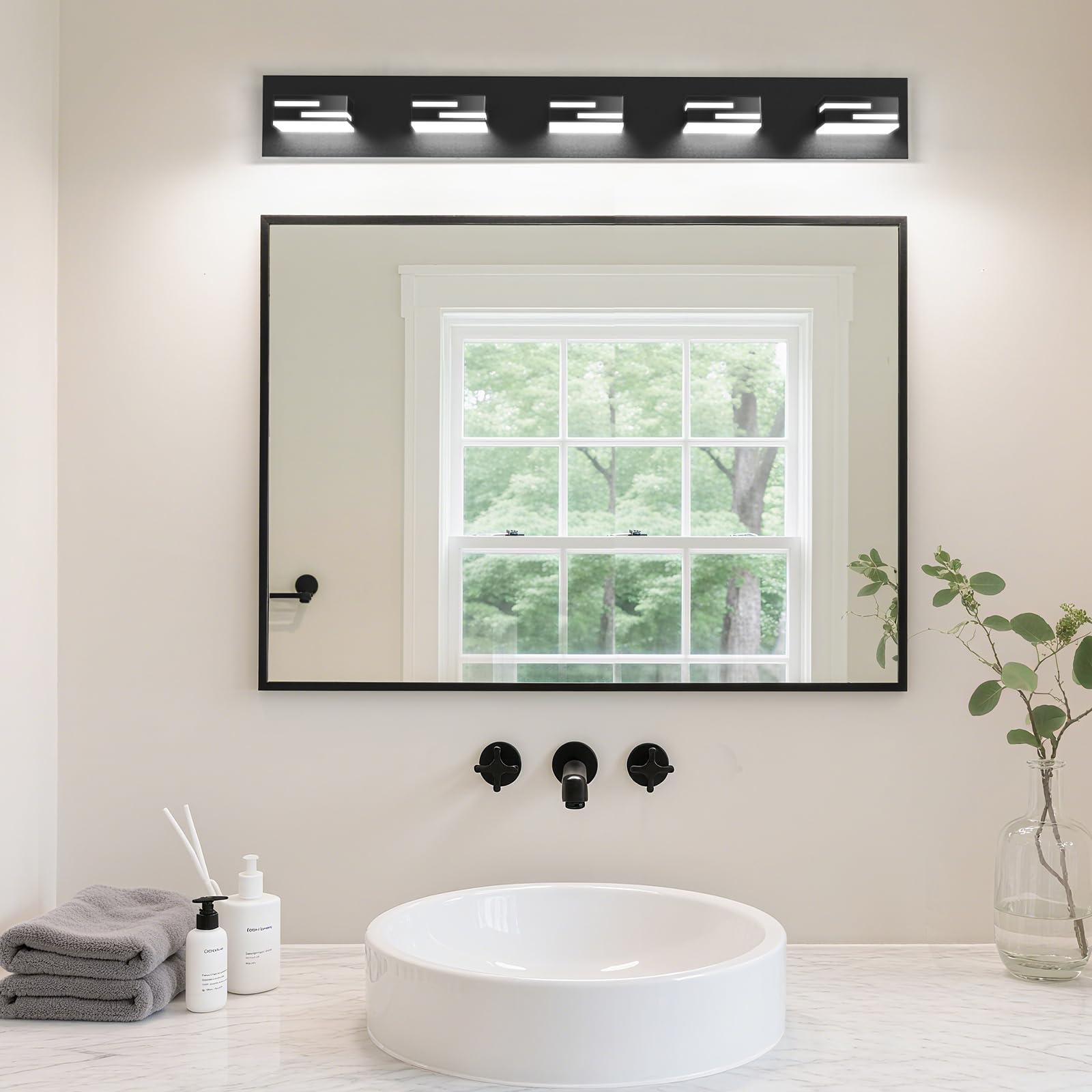Lkhf Led Modern Bathroom Vanity Light Fixtures  5-Light 34-Inch Dimmable Matte Black Vanity Lights For Bathroom Lighting Fixtures Over Mirror  With 350?Rotatable Acrylic Heads (Cool White 6000K)