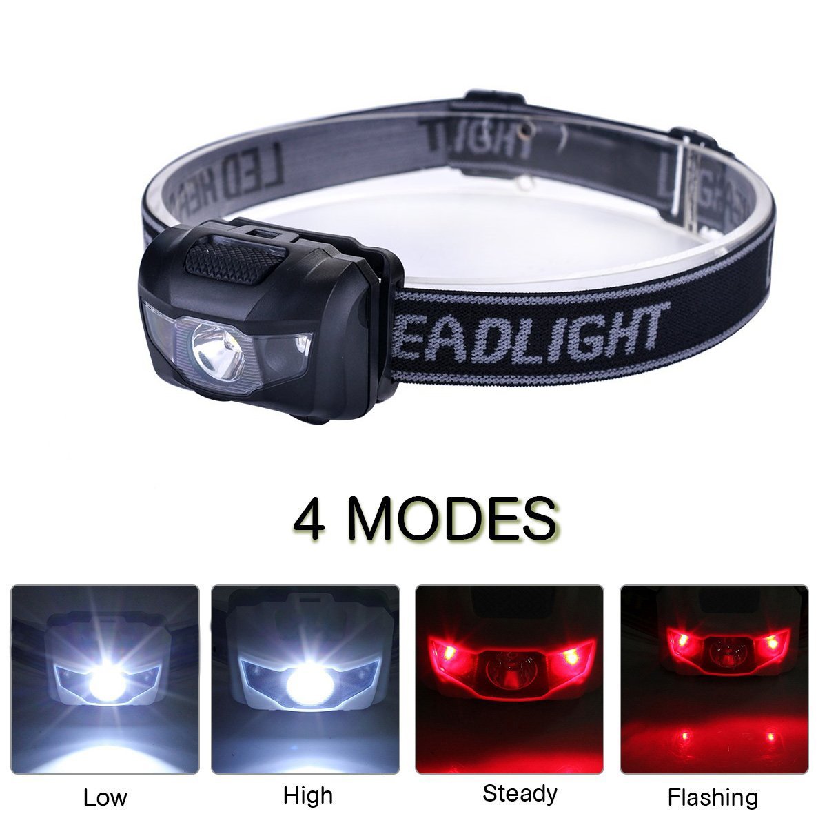 HappyOrange 4-Pack Waterproof LED Headlamp (White and Red Lights), 4 Light Modes Lightweight Headlight for Running, Hiking, Hunt