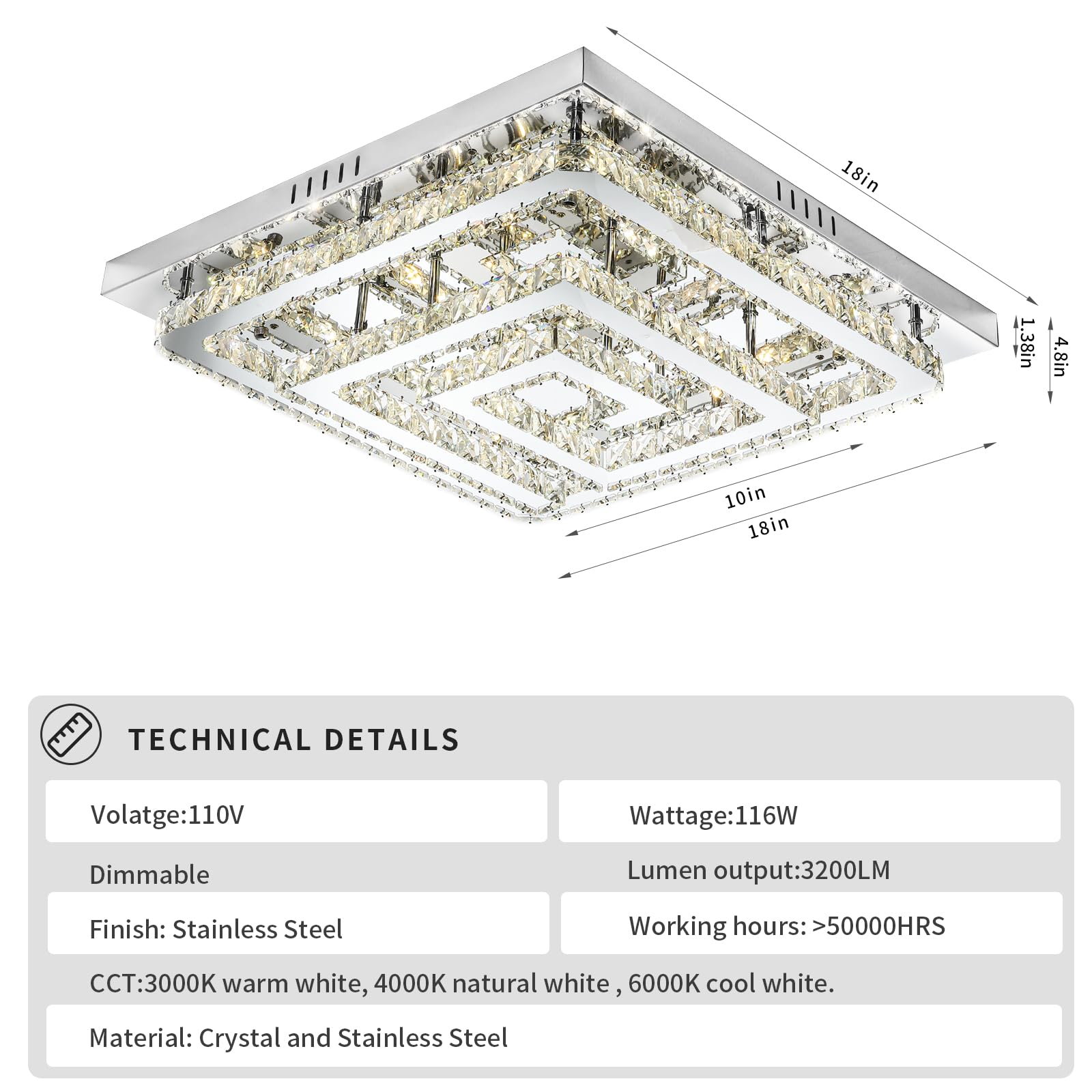 18'' Crystal Chandelier With Remote Control, 3 Color Temperature Light Fixture & Brightness Adjustable, Modern Flush Mount Led C