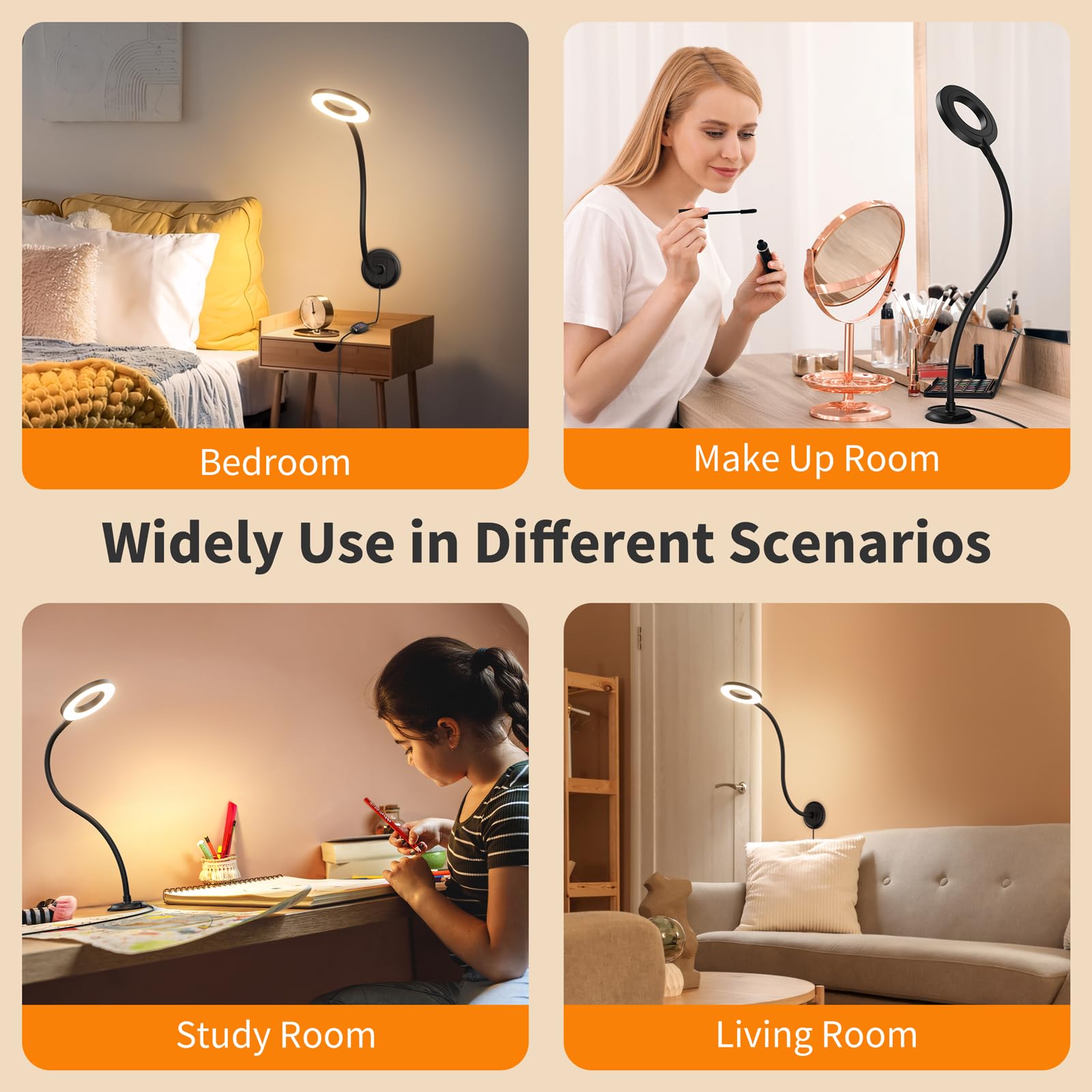 Kaulsoue Wall Mounted Reading Light - 360° Gooseneck, 5 Color & Brightness Adjustable, Black, Model KX10, 2 Units