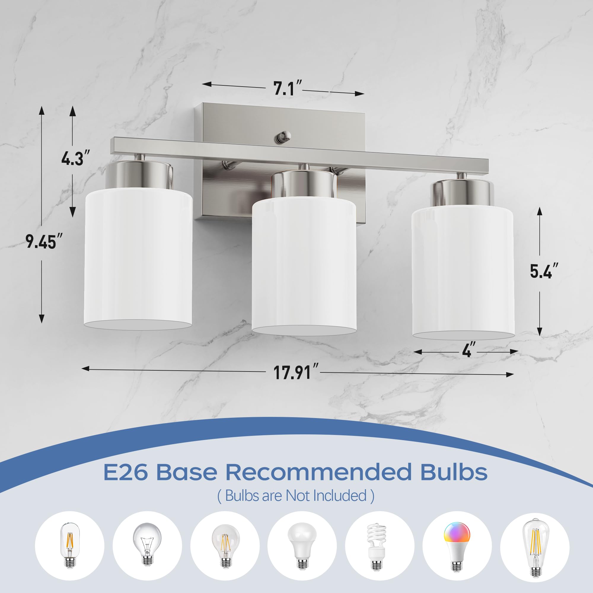 Partphoner 3-Light Brushed Nickel Bathroom Light Fixtures  Modern Vanity Light Over Mirror Lighting  Wall Sconce With Frosted Milky White Glass Shades For Bedroom Living Room Kitchen Hallway