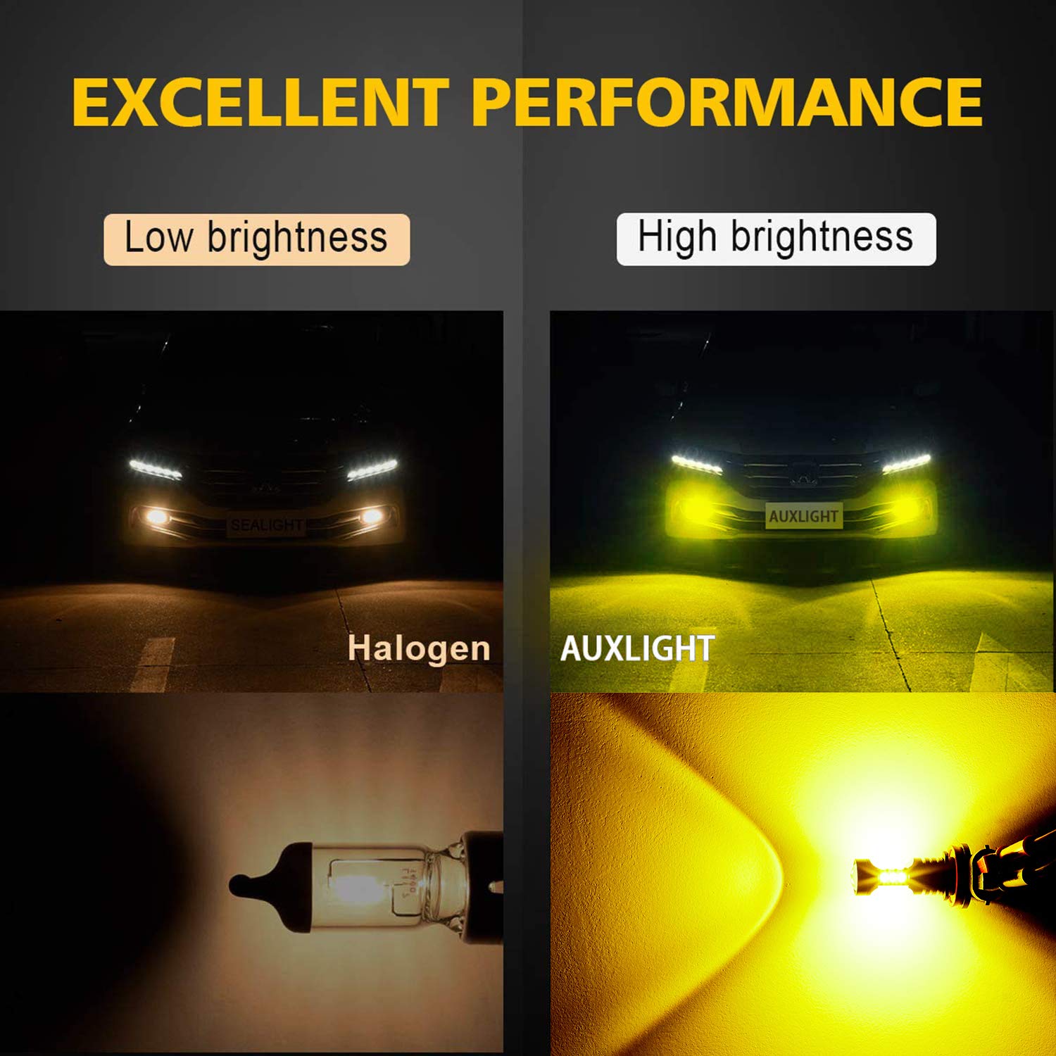 AUXLIGHT H11 LED Fog Light Bulbs, 2400 Lumens, Aluminum, H11/H8/H16(JP), Golden Yellow