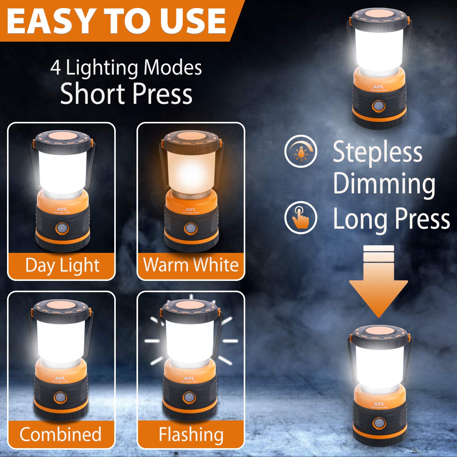 AYL LED Camping Lantern - 1800LM, Battery Powered, 4 Light Modes, Orange, Model SL10002Pack, Perfect for Emergencies & Outdoor Activities
