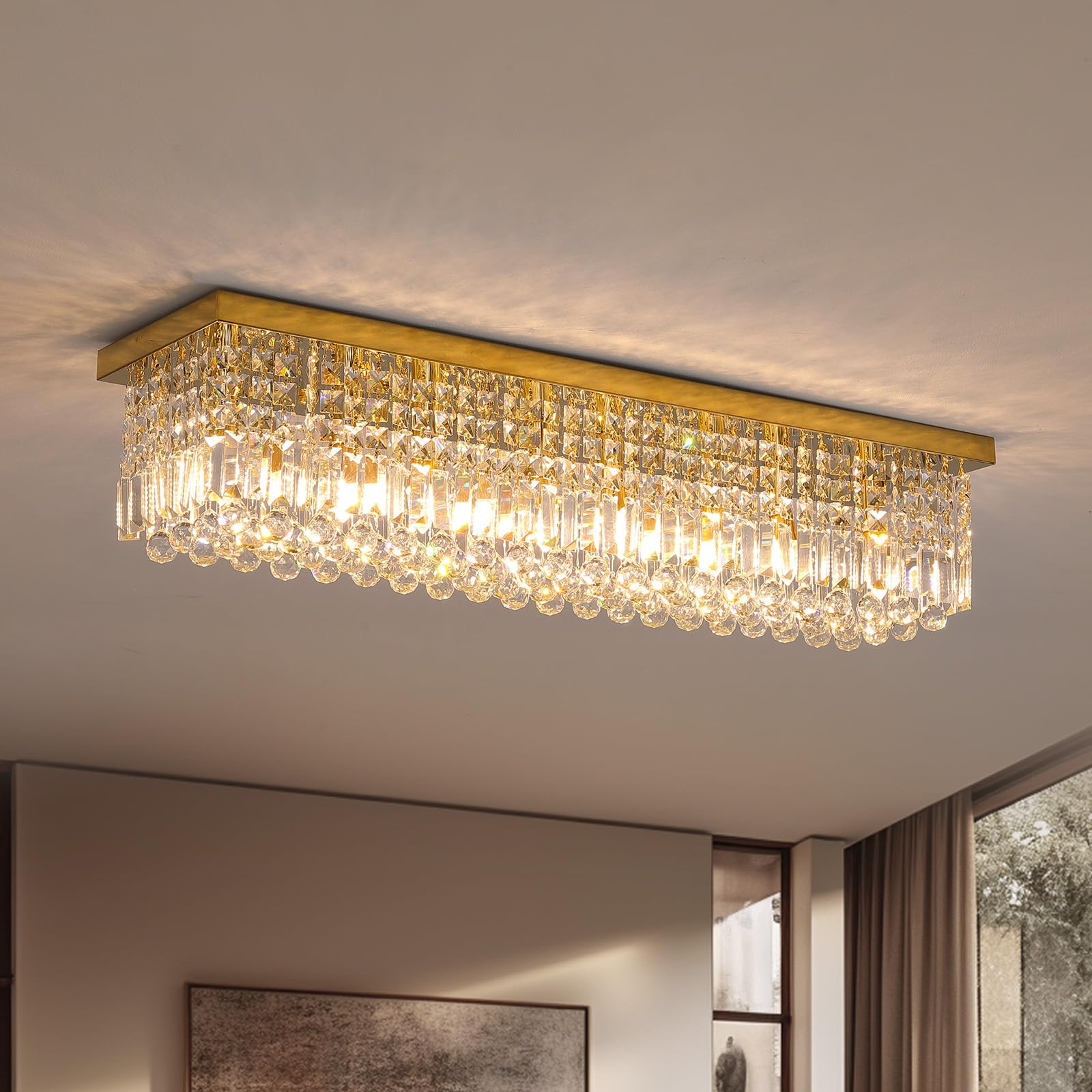 7PM Rectangular Chandelier, Modern Dining Room Light Fixture with Raindrop Chandelier Crystals, 8 Lights Flush Mount Rectangle C