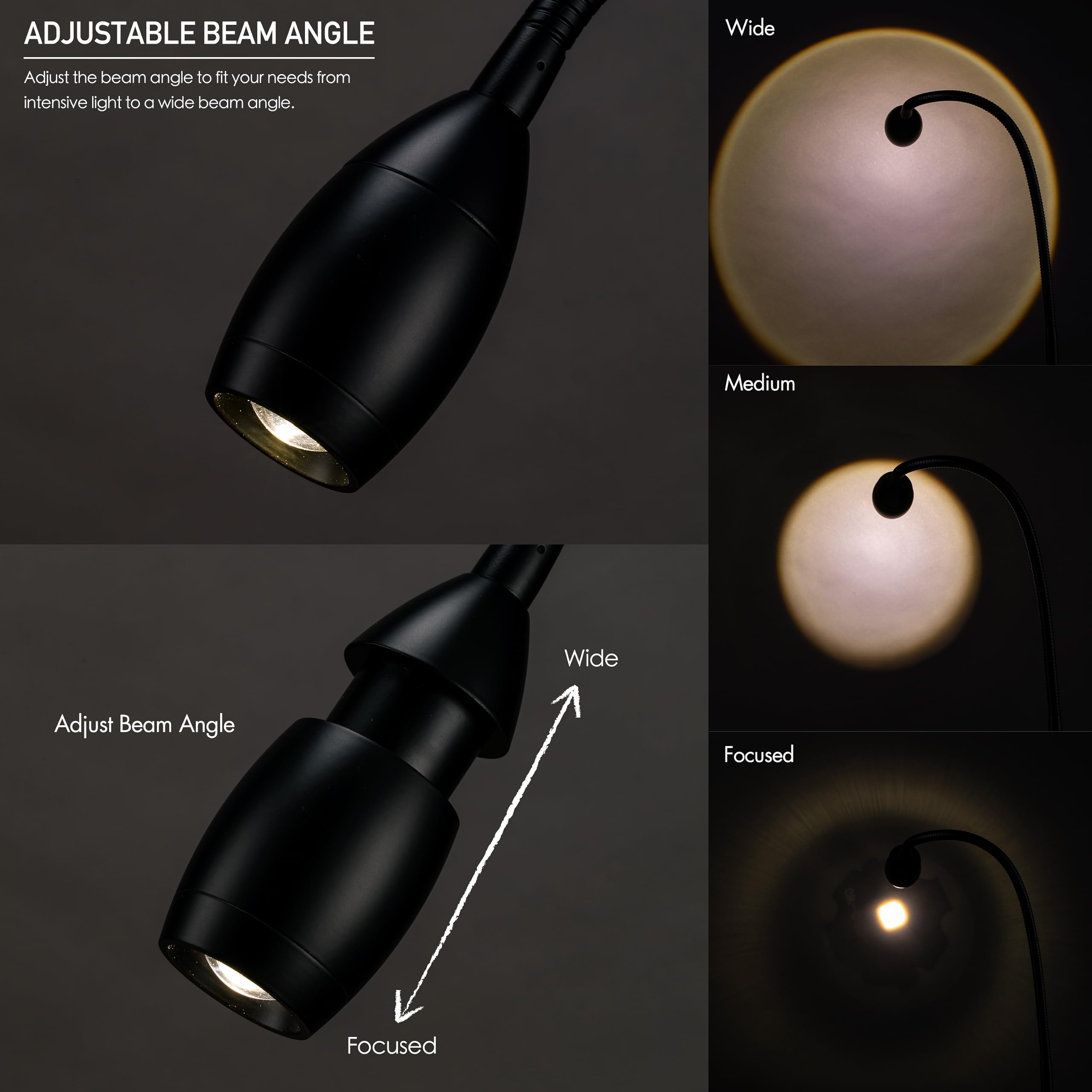 O'Bright Clip-on Lamp - Zoomable, Dimmable LED, Flexible Gooseneck, Metal Clamp, 4000K Light, Black, Model OB-CL15M