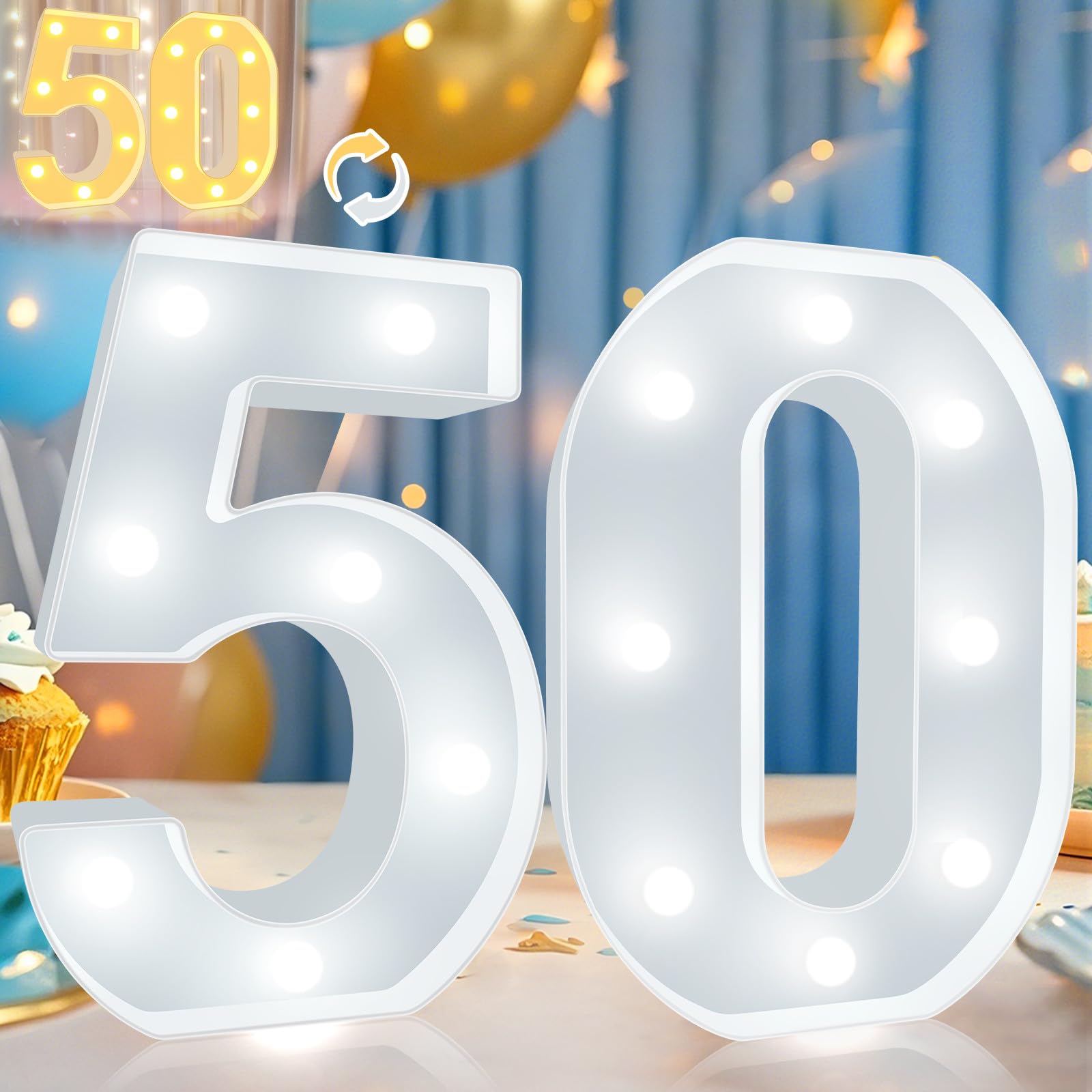 Pooqla LED Number 50 Sign for 50th Birthday Decoration, Cool & Warm White, Plastic, Model DENC-BP-01