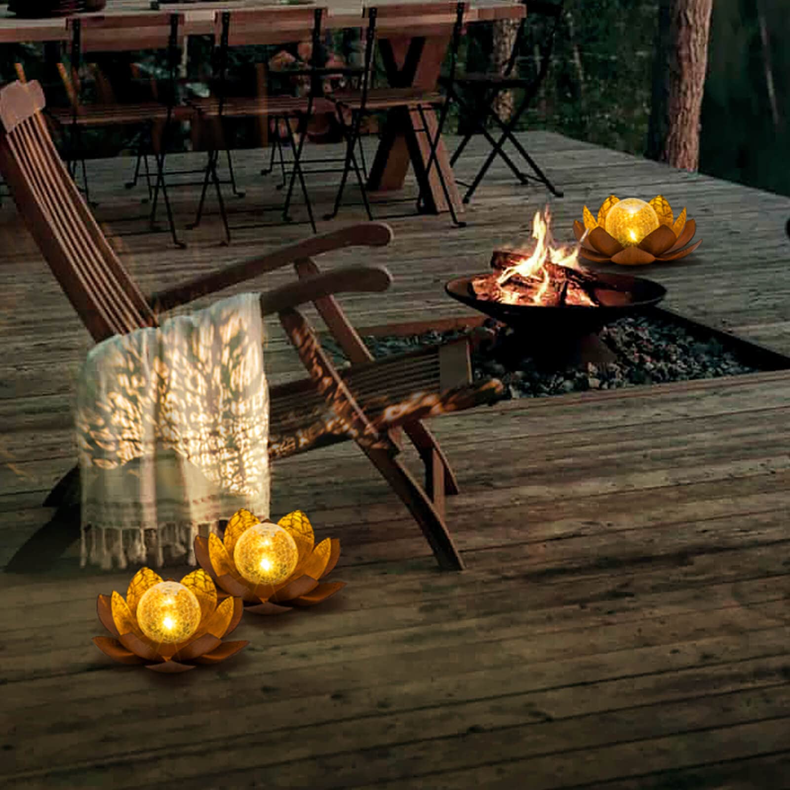 Huaxu LED Lotus Flower Table Lamp - Outdoor Waterproof Garden Light - Metal & Glass - compatible with Rust Finish