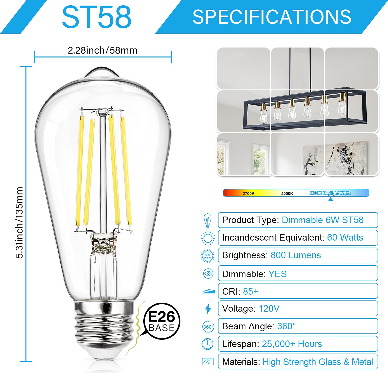 Maxvolador Dimmable Vintage Led Edison Bulb 60W Equivalent, 6W 800Lumens Edison Light Bulbs 5000K Daylight White, St58 Antique L