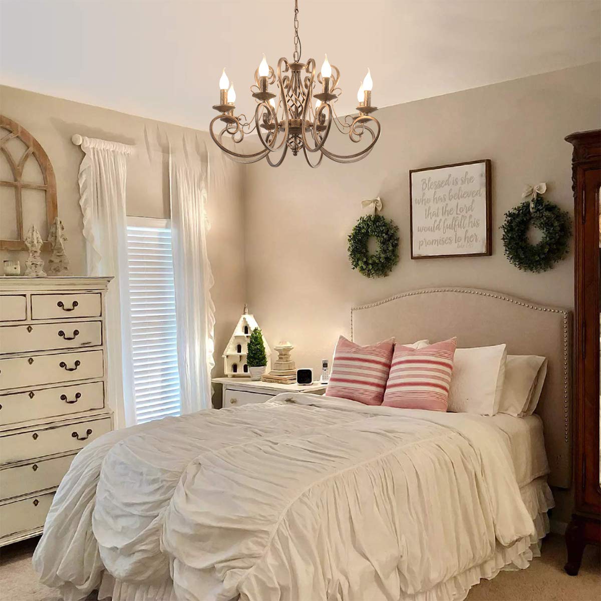 Ganeed 8-Light French Country Pendant Chandelier, Rustic Metal Light Fixture, Model CHD092-8Br, Adjustable, Eight-Light