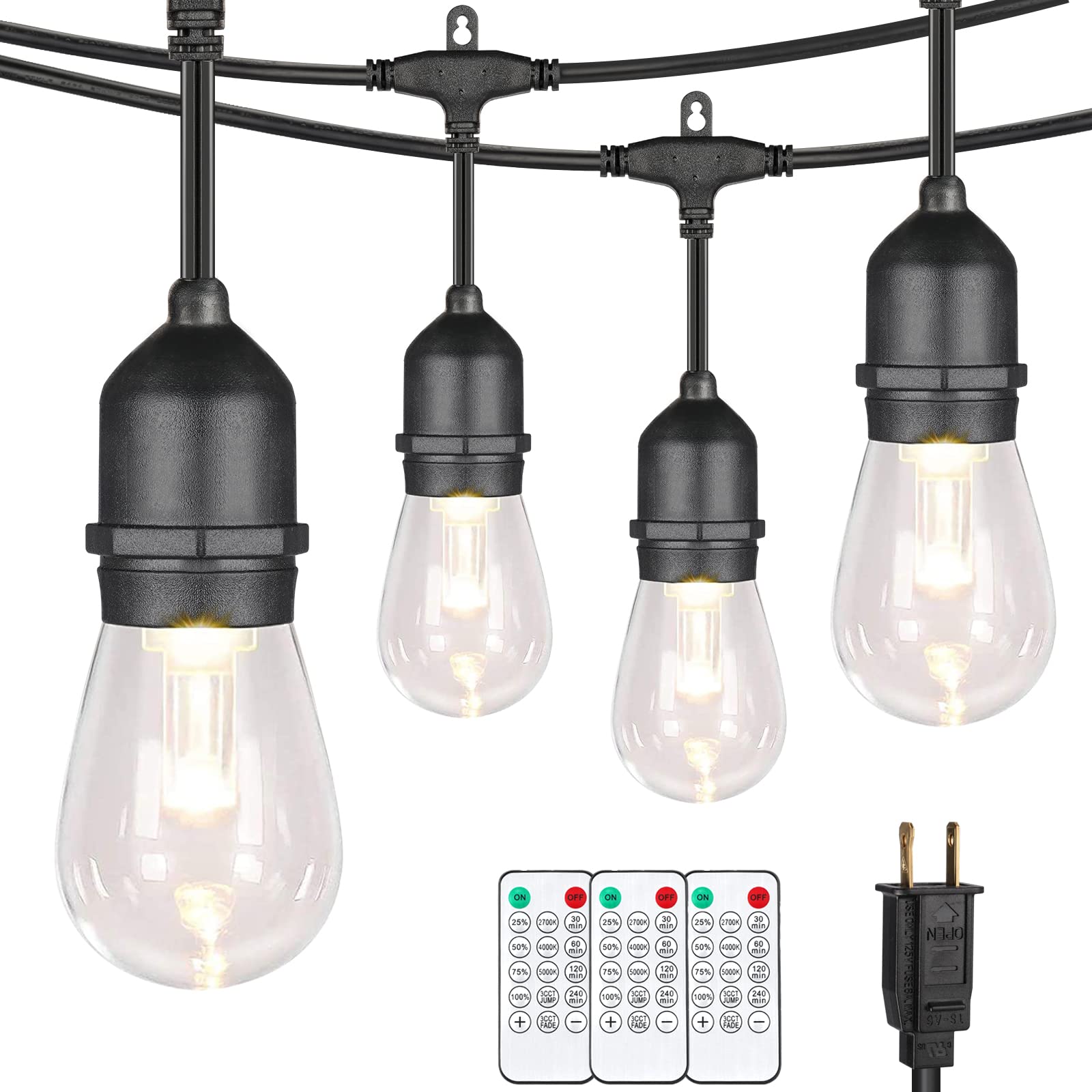 Mlambert 96Ft(2x48ft) 3-Color in 1 48Ft LED Dimmable Outdoor String Lights with Remote, Plug-in 2700K/4000K/5000K Waterproof Lig