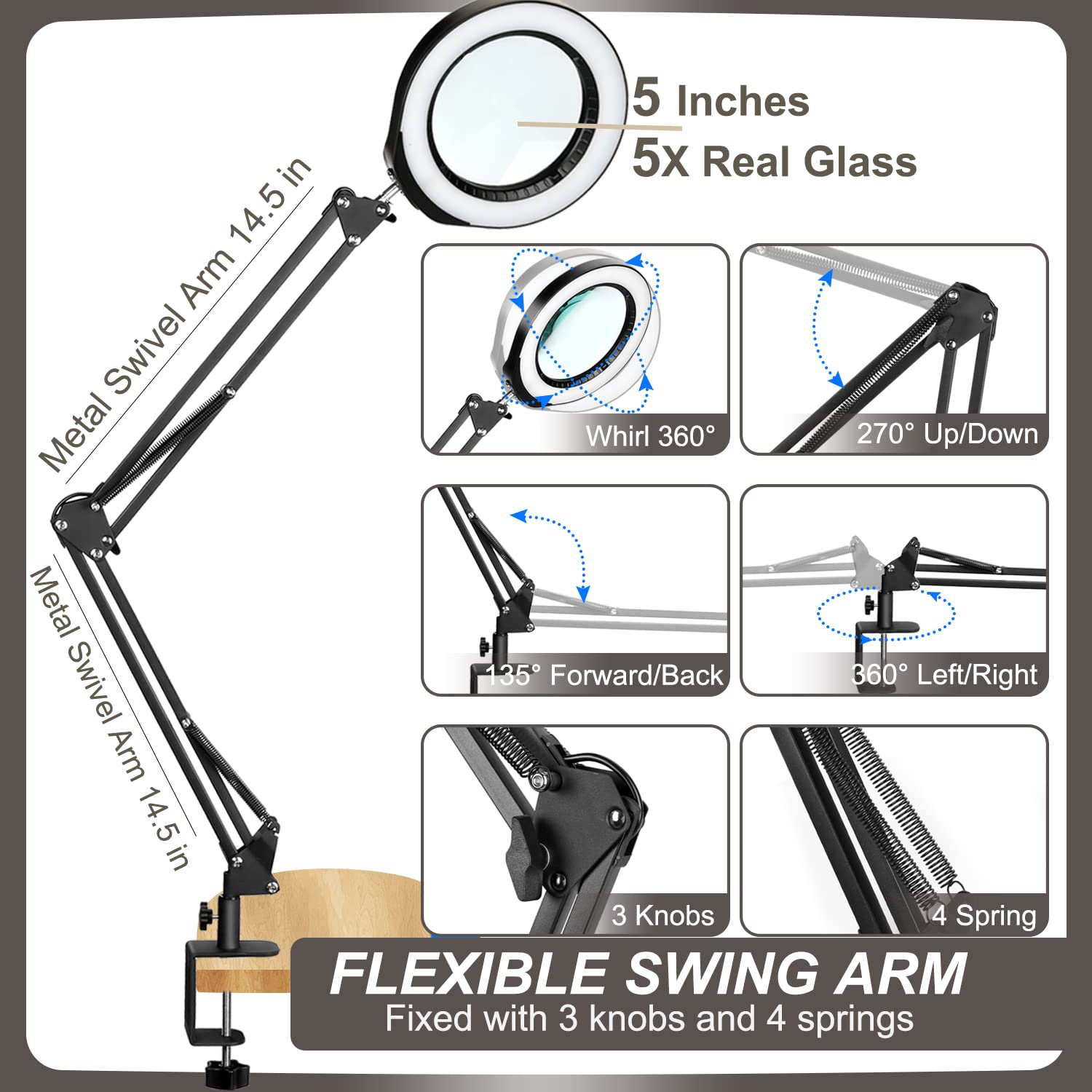 Veemagni 5 Inch Magnifying Glass With Light, 8X Magnifier, Stepless Dimmable, Black, Model Z8-118, Hands-Free Desk Lamp