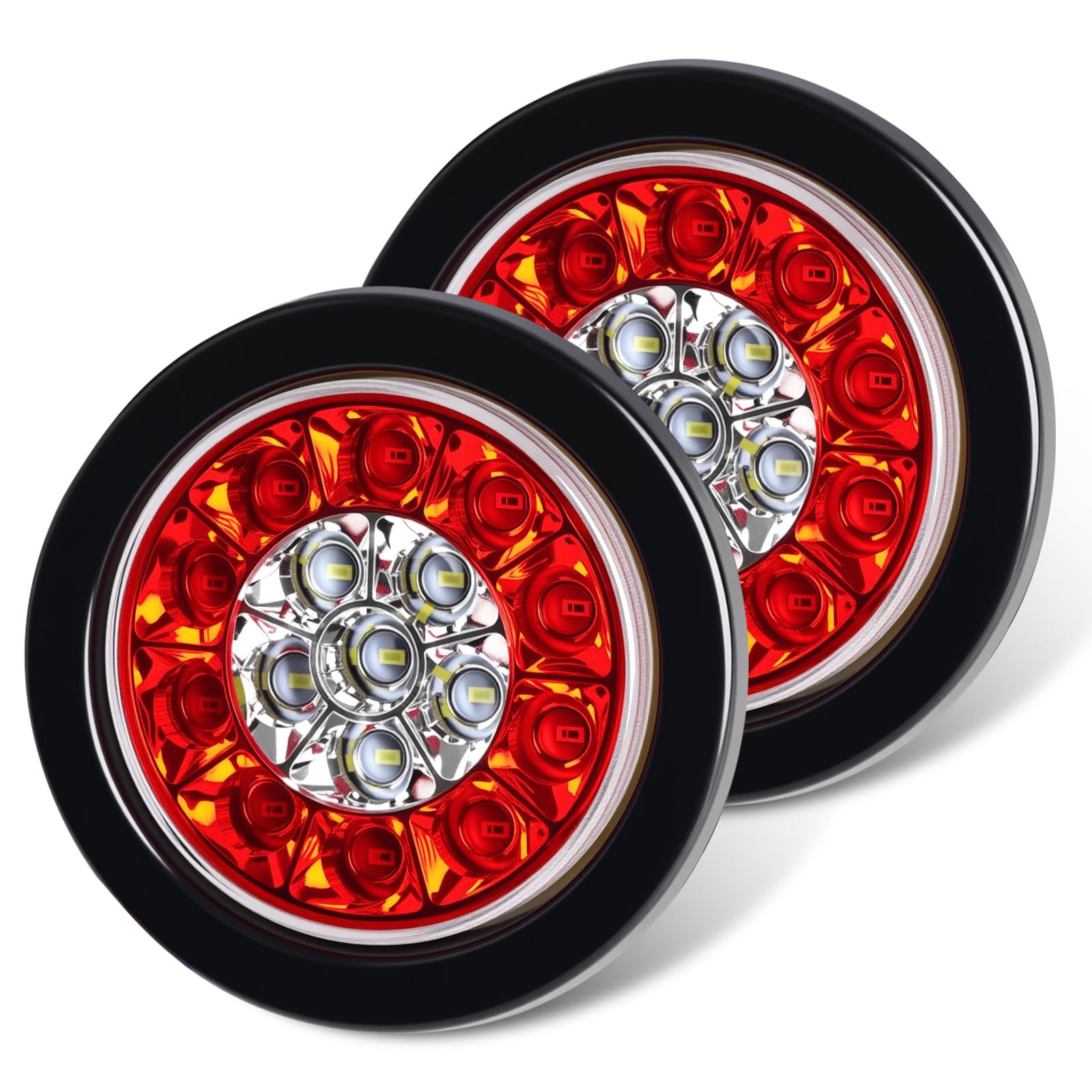 nifeida 2PCS 4 Inch Round Red White LED Trailer Tail Lights 16LEDs with Rubber Grommet Sealed IP67 Waterproof Stop Tail Brake Running Reverse Light for Trucks Trailers RV - DC 12V