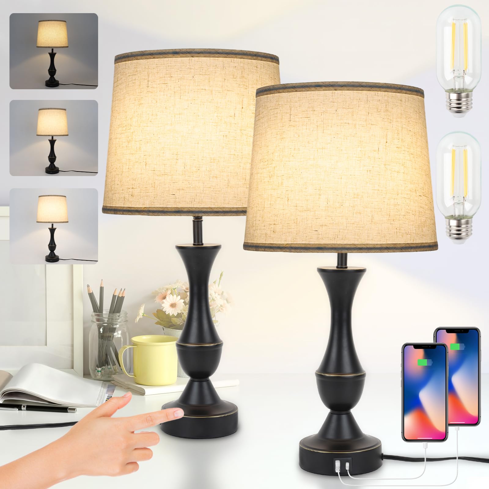 Touch Lamps for Bedrooms Set of 2, Farmhouse Table Lamp with USB C Charging Port, 3 Way Dimmable Nightstand Lamps with Linen Fab