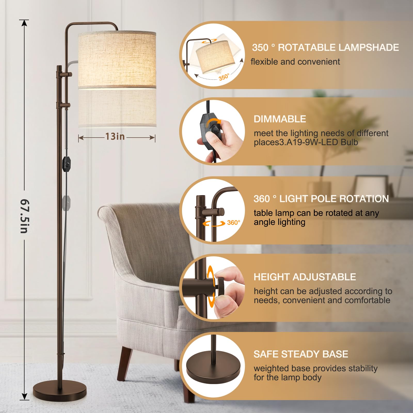 Floor Lamp For Living Room, Adjustable Height Standing Lamps With 350 Rotate Linen Lampshade, 67.5-Inch Brown Modern Tall Lamp D