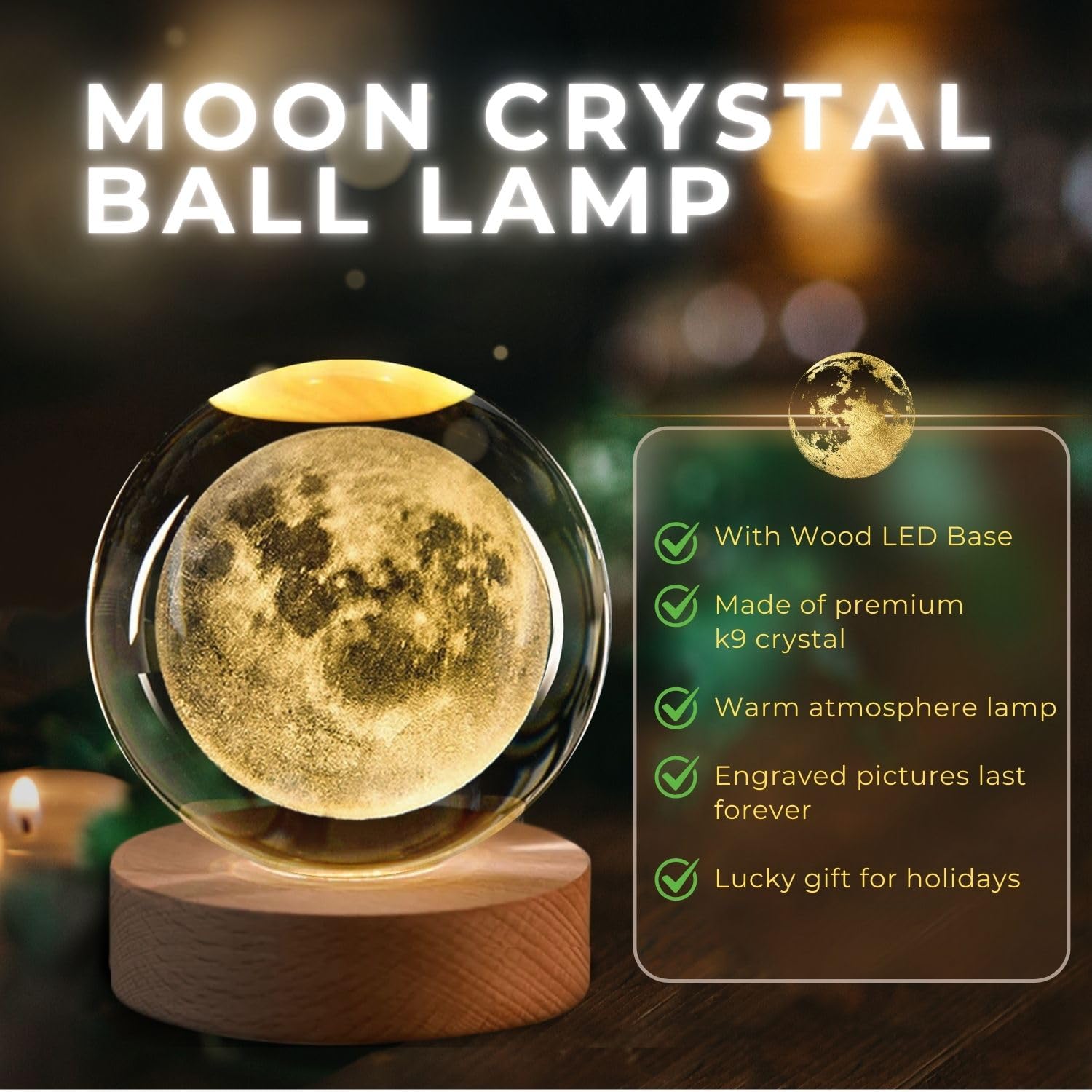 Flexzion 3D Moon Crystal Ball Night Light - Led Light Hologram Glass Lamp With Solid Wood Base, Usb Powered Crystal Ball Lamp Wi