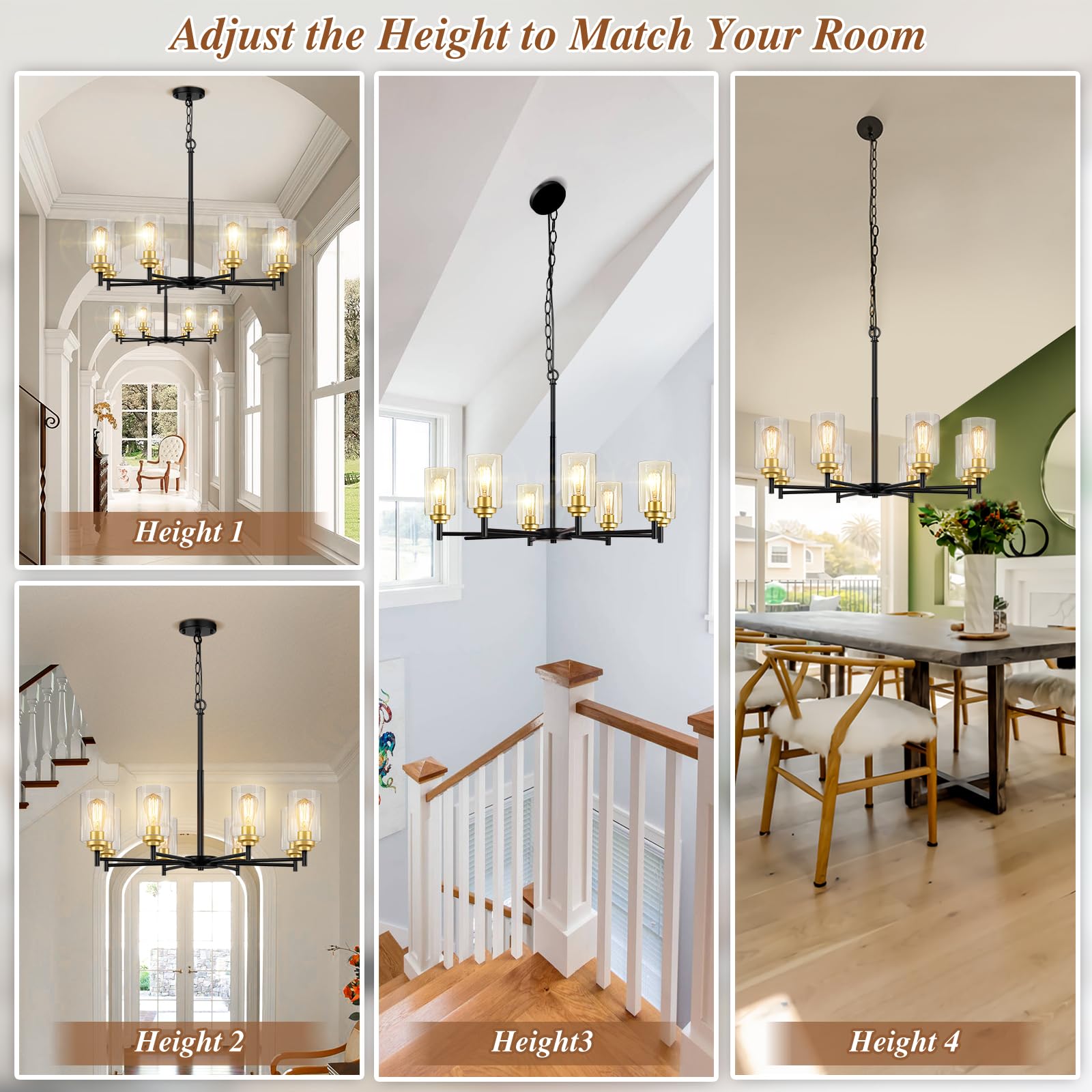 Sucolite 8-Light Black & Gold Chandelier - Modern Farmhouse Pendant Lighting For Dining Room, Height Adjustable, Model 3358-P8-Bk